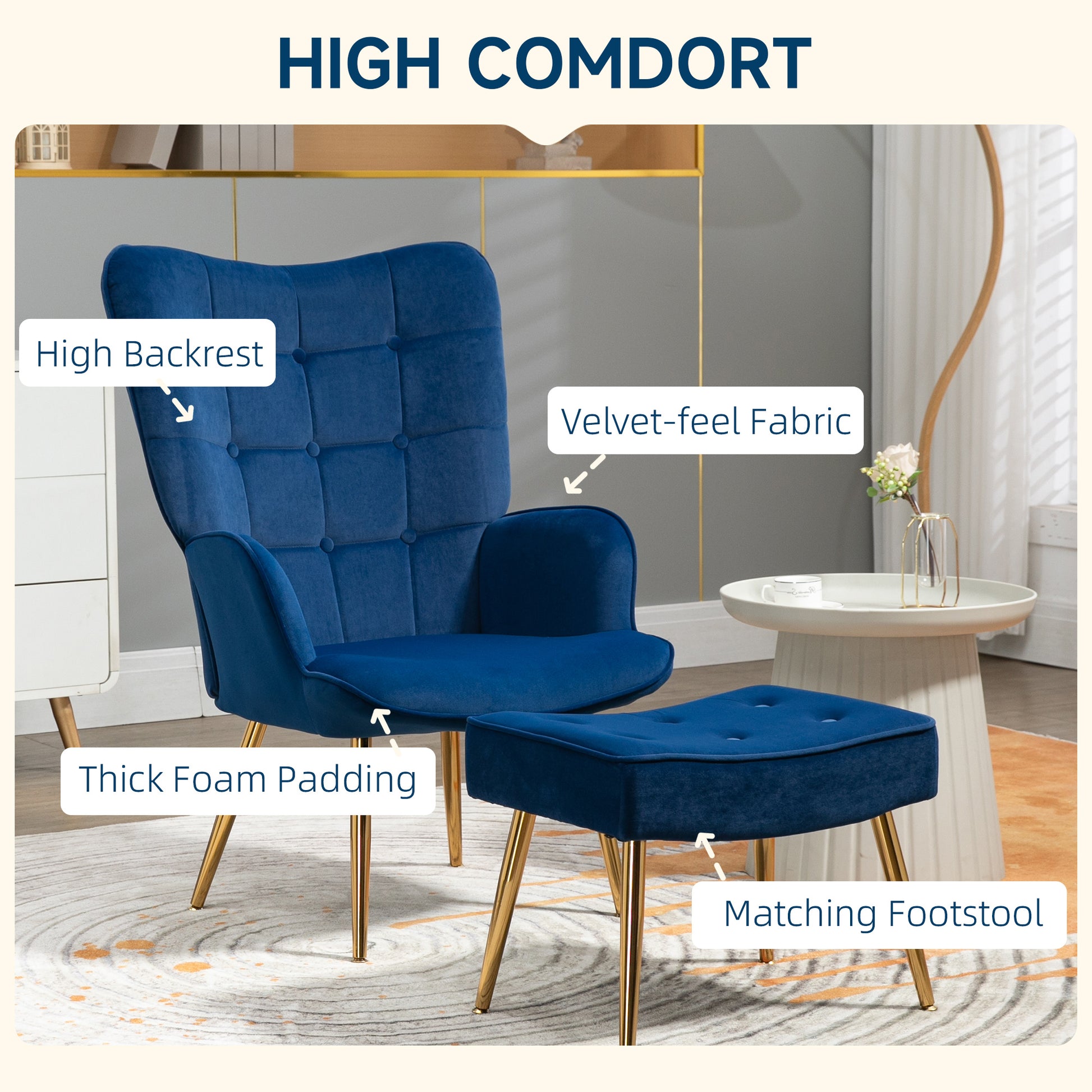 Accent Chair with Ottoman - Dark Blue-DECOROLALA
