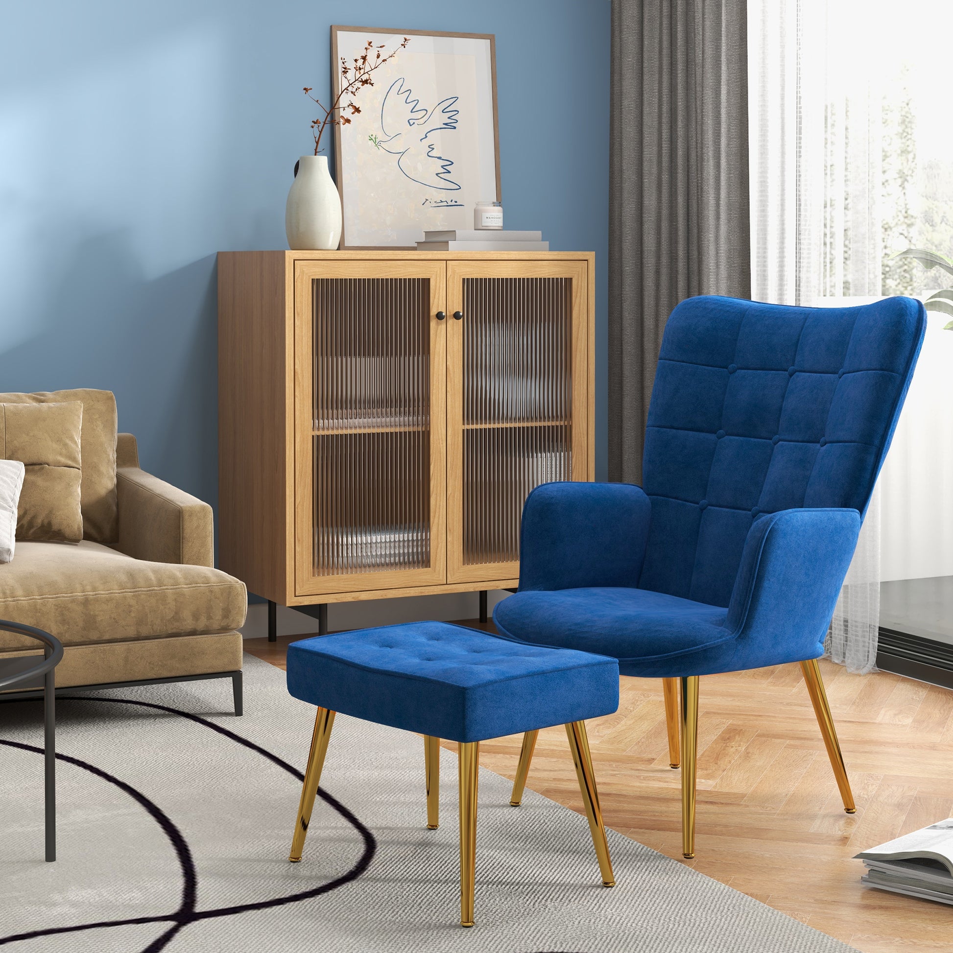 Accent Chair with Ottoman - Dark Blue-DECOROLALA