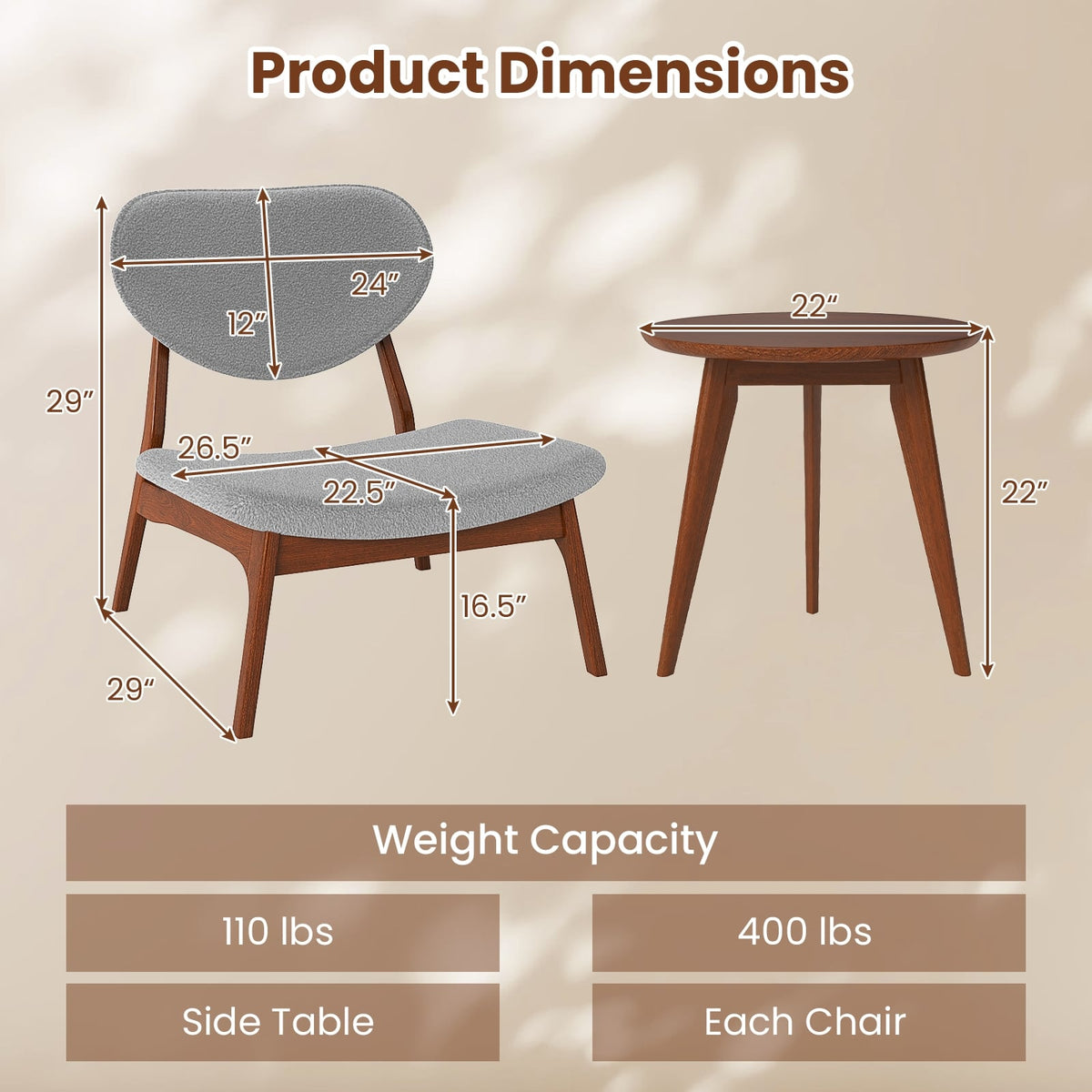 Accent Chairs Set of 2 with Side Table and Solid Wood Frame-Gray-Accent Chairs-DECOROLALA