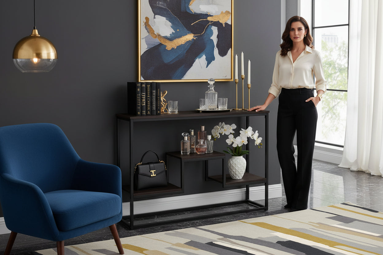 Accent Console Table 48"L Espresso/Black Metal-Accent Table-DECOROLALA