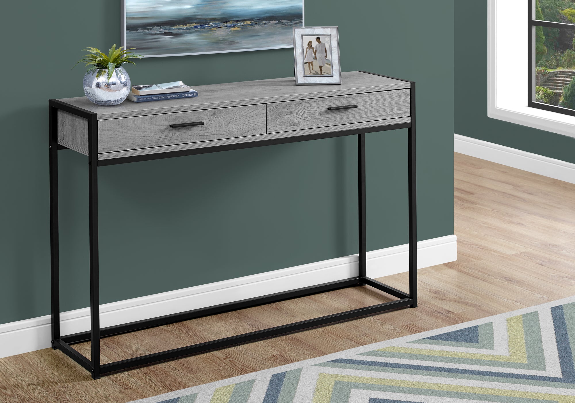Accent Console Table 48"L Grey/Black with Storage Drawers-Accent Table-DECOROLALA