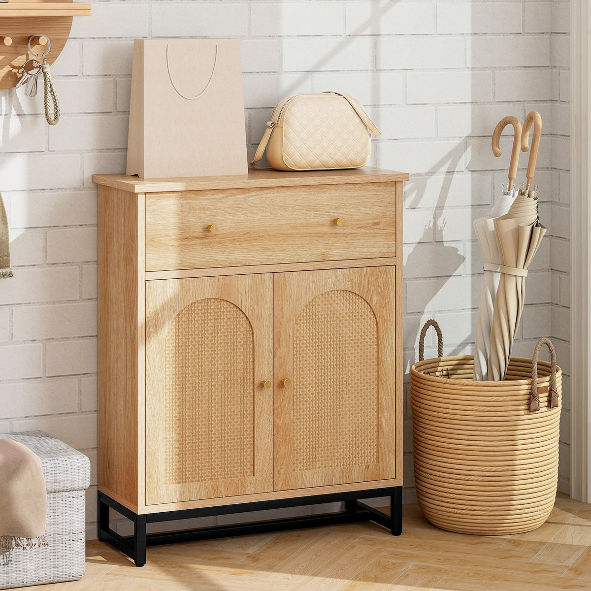 Accent Floor Storage Cabinet with Rattan Doors - Natural 24.5"-Floor Cabinets-DECOROLALA