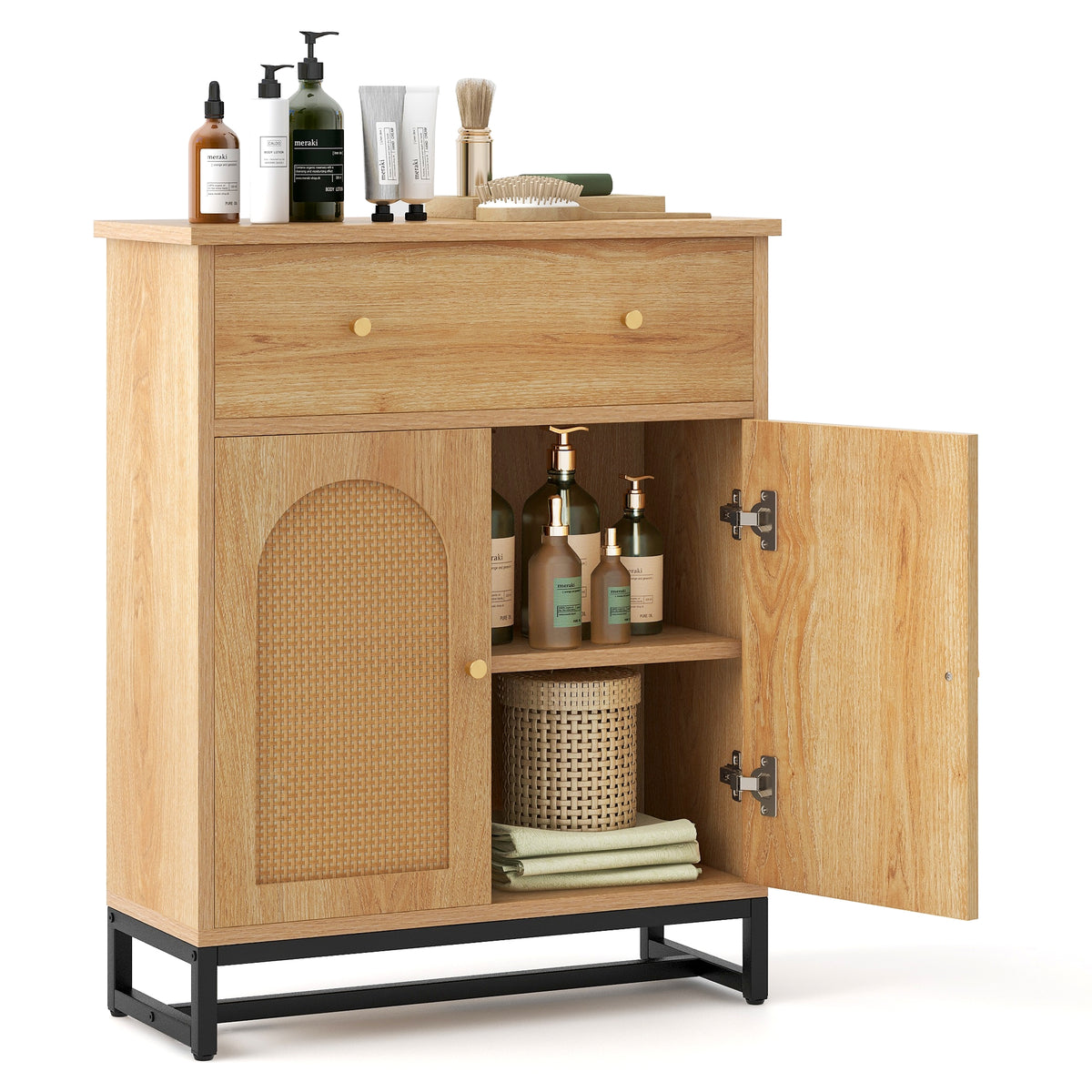 Accent Floor Storage Cabinet with Rattan Doors - Natural 24.5"-Floor Cabinets-DECOROLALA