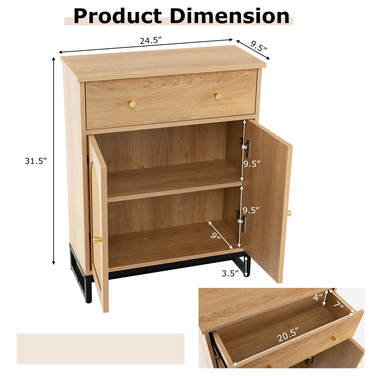 Accent Floor Storage Cabinet with Rattan Doors - Natural 24.5"-Floor Cabinets-DECOROLALA