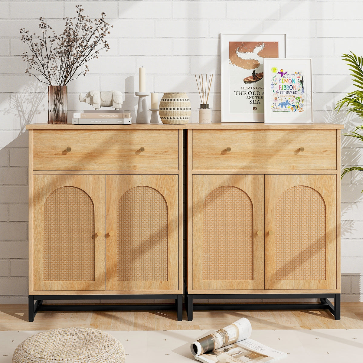 Accent Floor Storage Cabinet with Rattan Doors - Natural 24.5"-Floor Cabinets-DECOROLALA