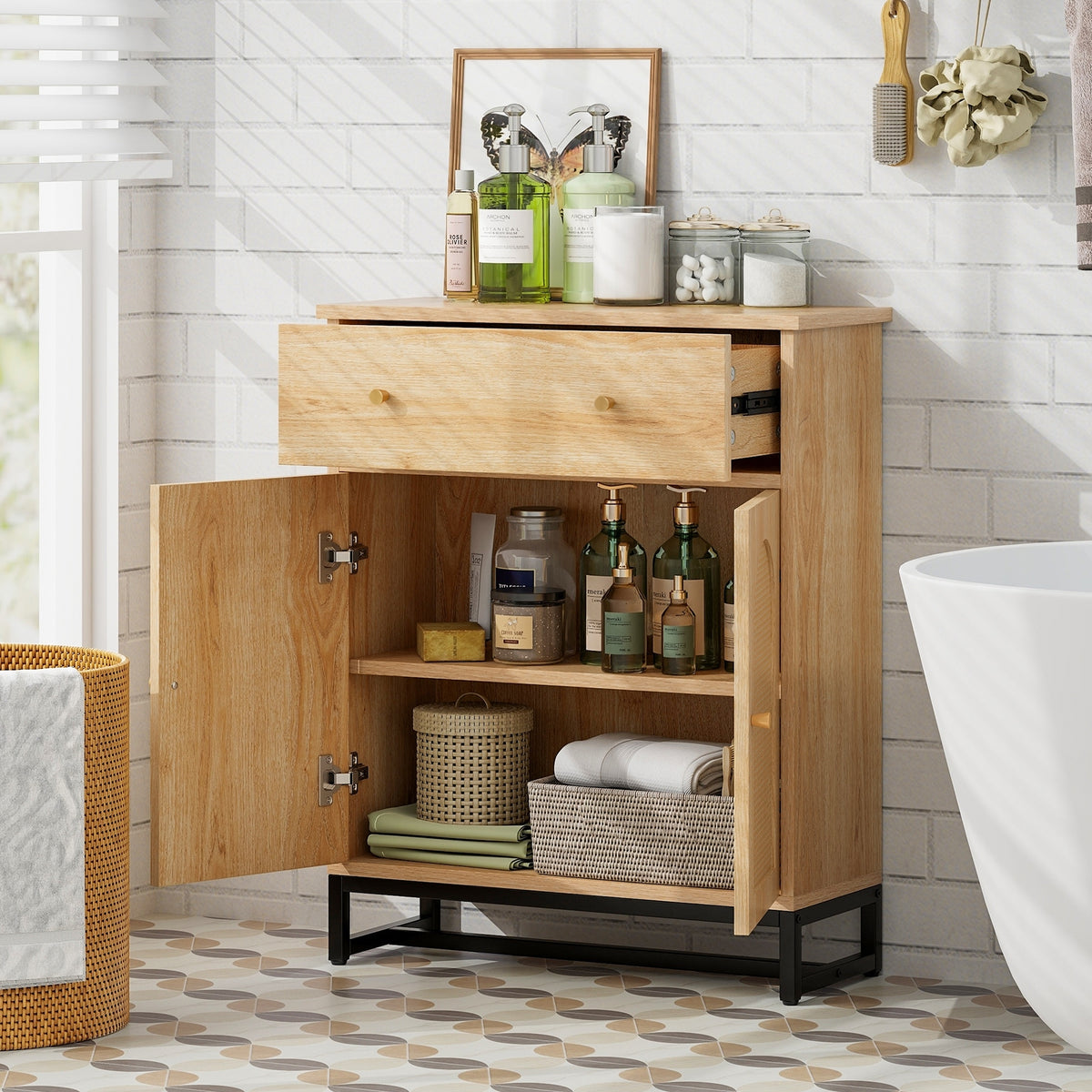 Accent Floor Storage Cabinet with Rattan Doors - Natural 24.5"-Floor Cabinets-DECOROLALA