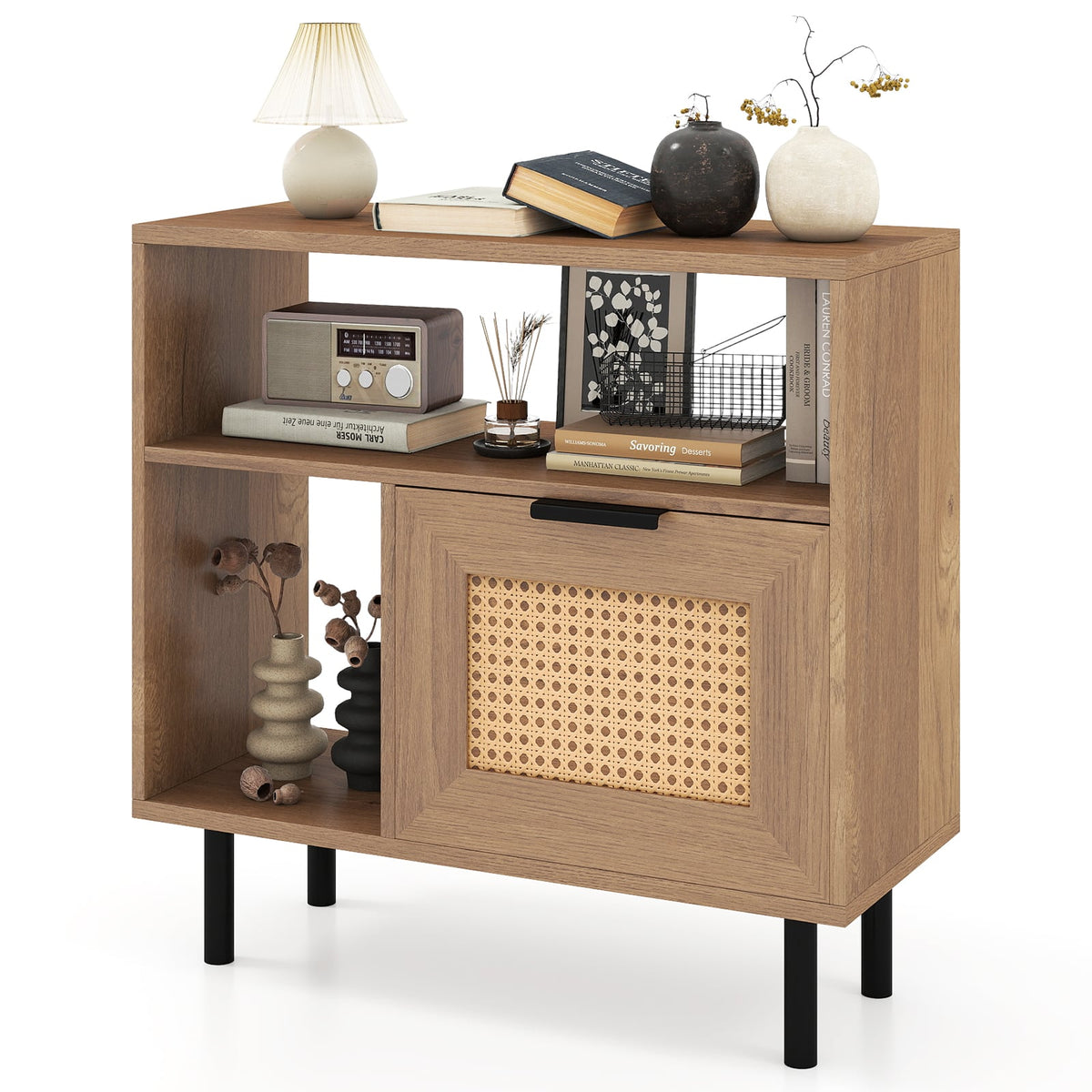 Accent Side End Table with Storage Shelf and Cabinet for Small Space-Natural-End & Side Tables-DECOROLALA