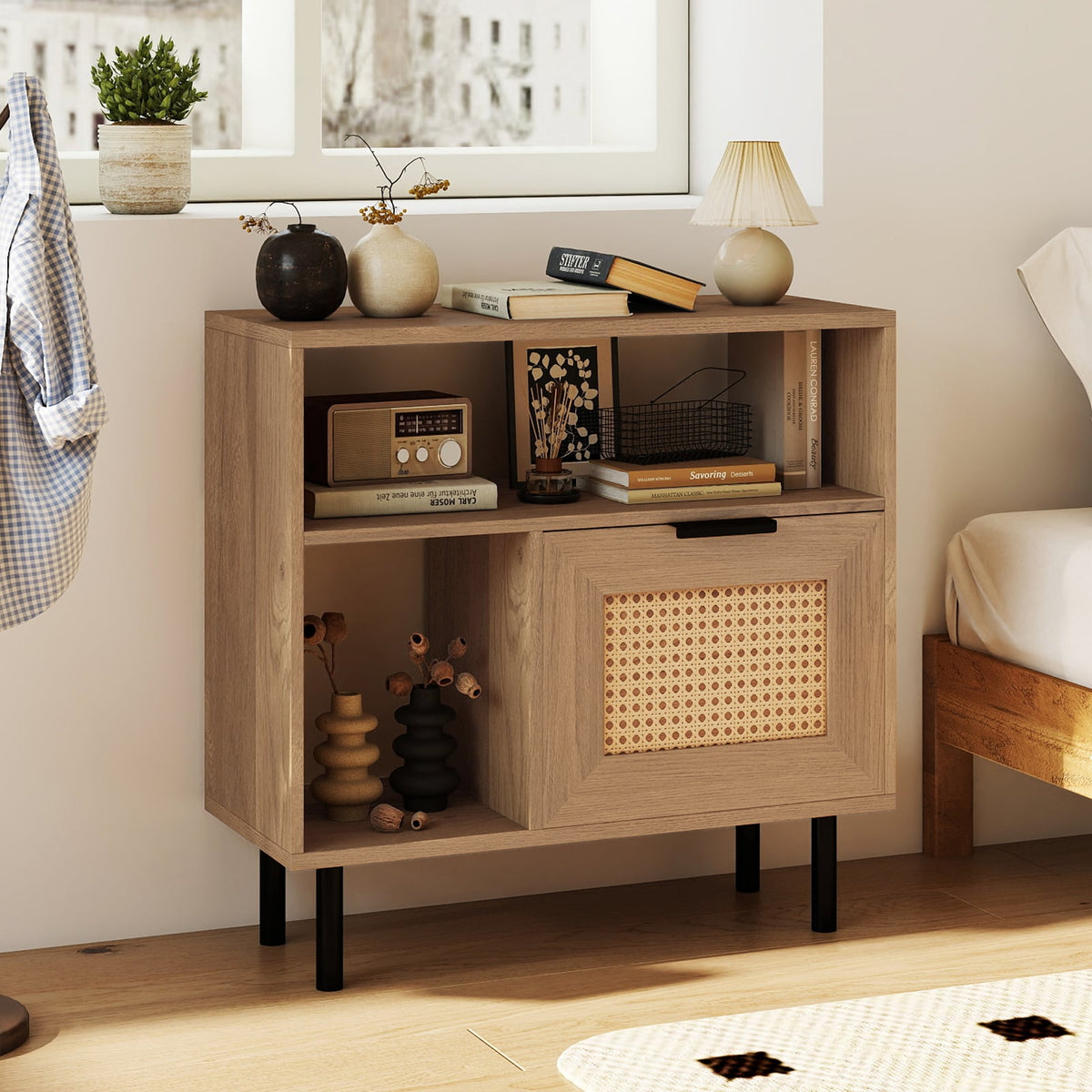 Accent Side End Table with Storage Shelf and Cabinet for Small Space-Natural-End & Side Tables-DECOROLALA