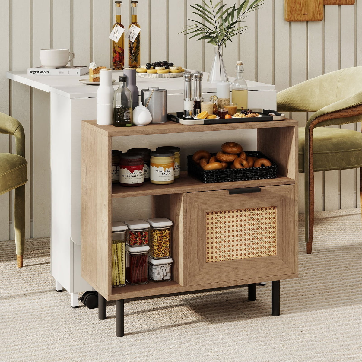 Accent Side End Table with Storage Shelf and Cabinet for Small Space-Natural-End & Side Tables-DECOROLALA