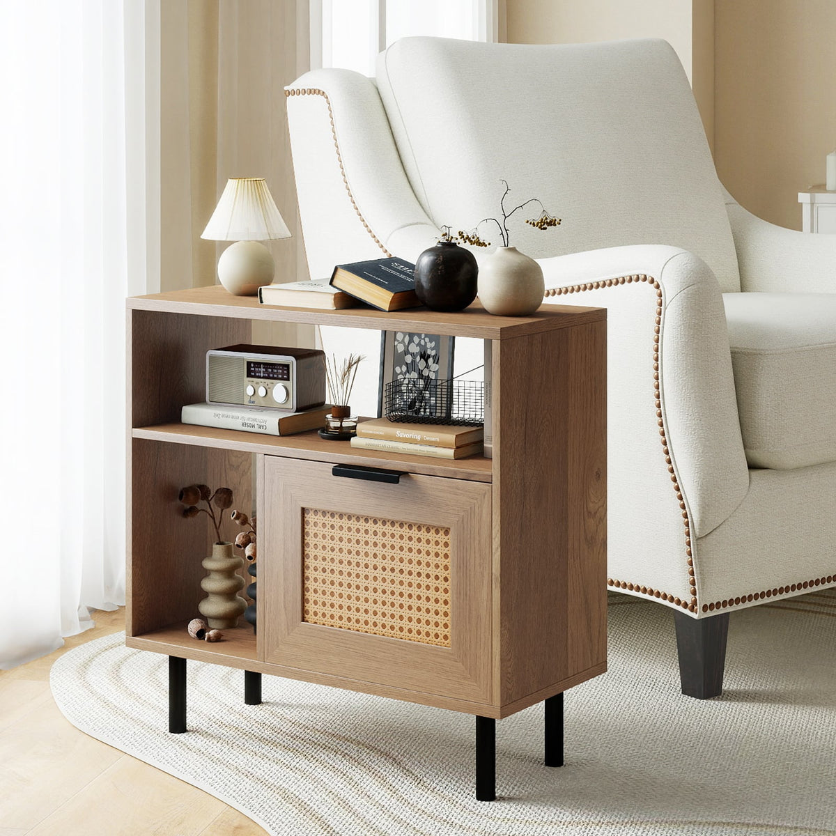 Accent Side End Table with Storage Shelf and Cabinet for Small Space-Natural-End & Side Tables-DECOROLALA