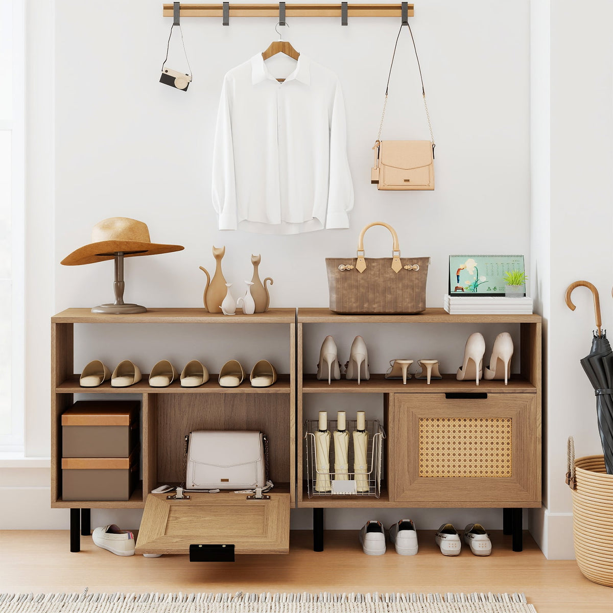 Accent Side End Table with Storage Shelf and Cabinet for Small Space-Natural-End & Side Tables-DECOROLALA