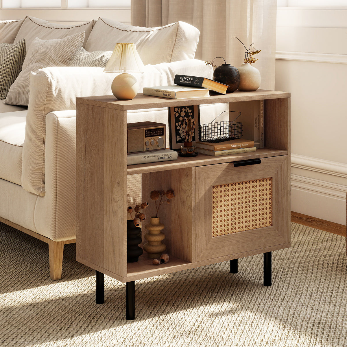 Accent Side End Table with Storage Shelf and Cabinet for Small Space-Natural-End & Side Tables-DECOROLALA