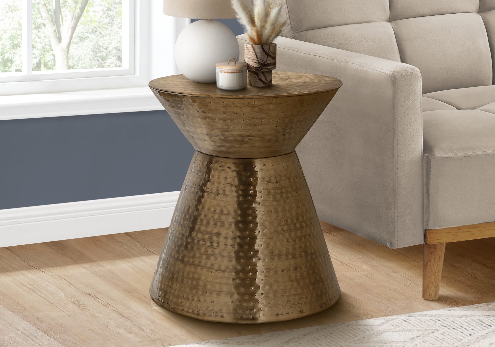Accent Table 22"H Gold Iron Drum Hourglass-Accent Table-DECOROLALA