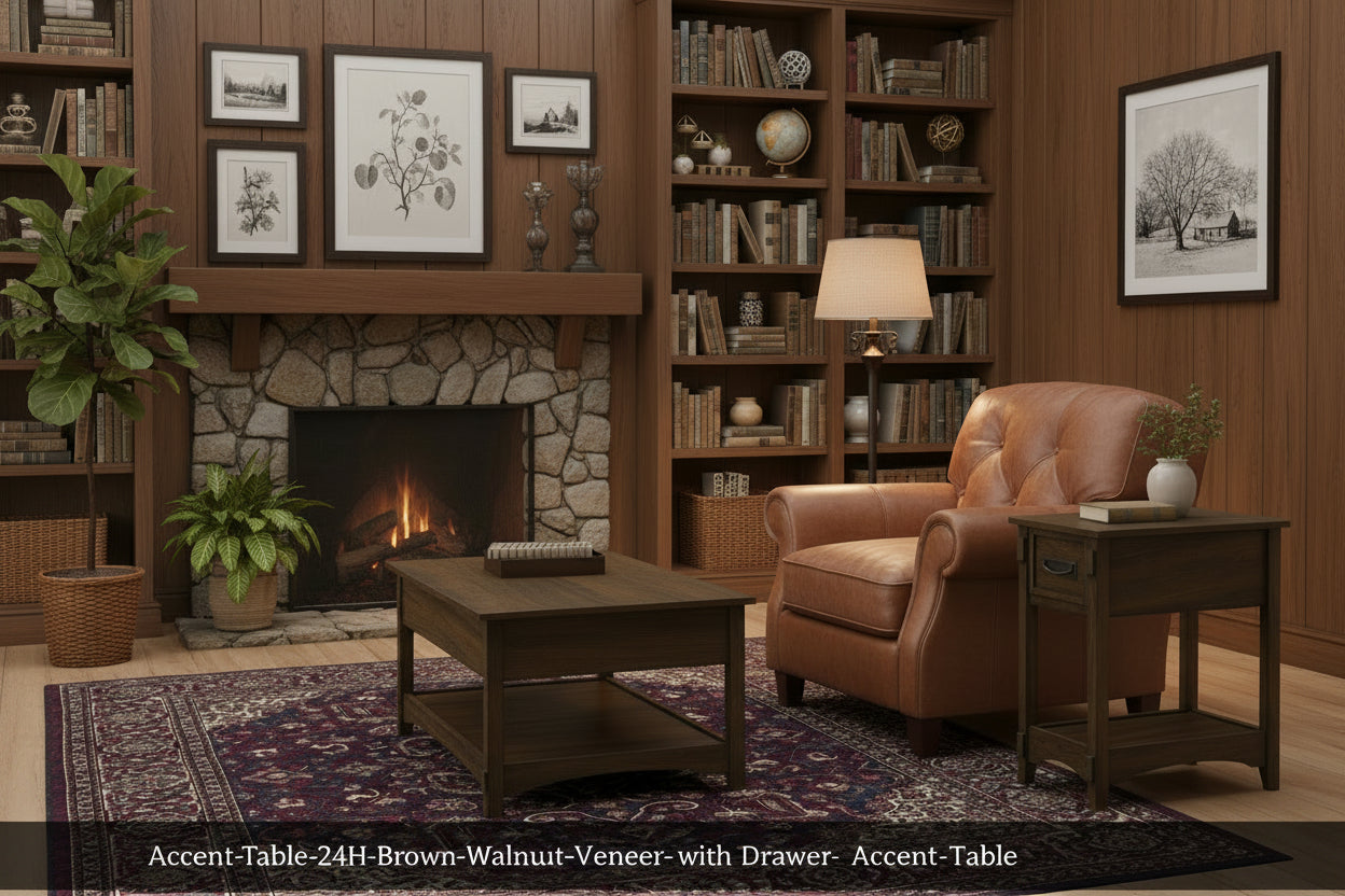 Accent Table 24"H Brown Walnut Veneer with Drawer-Accent Table-DECOROLALA