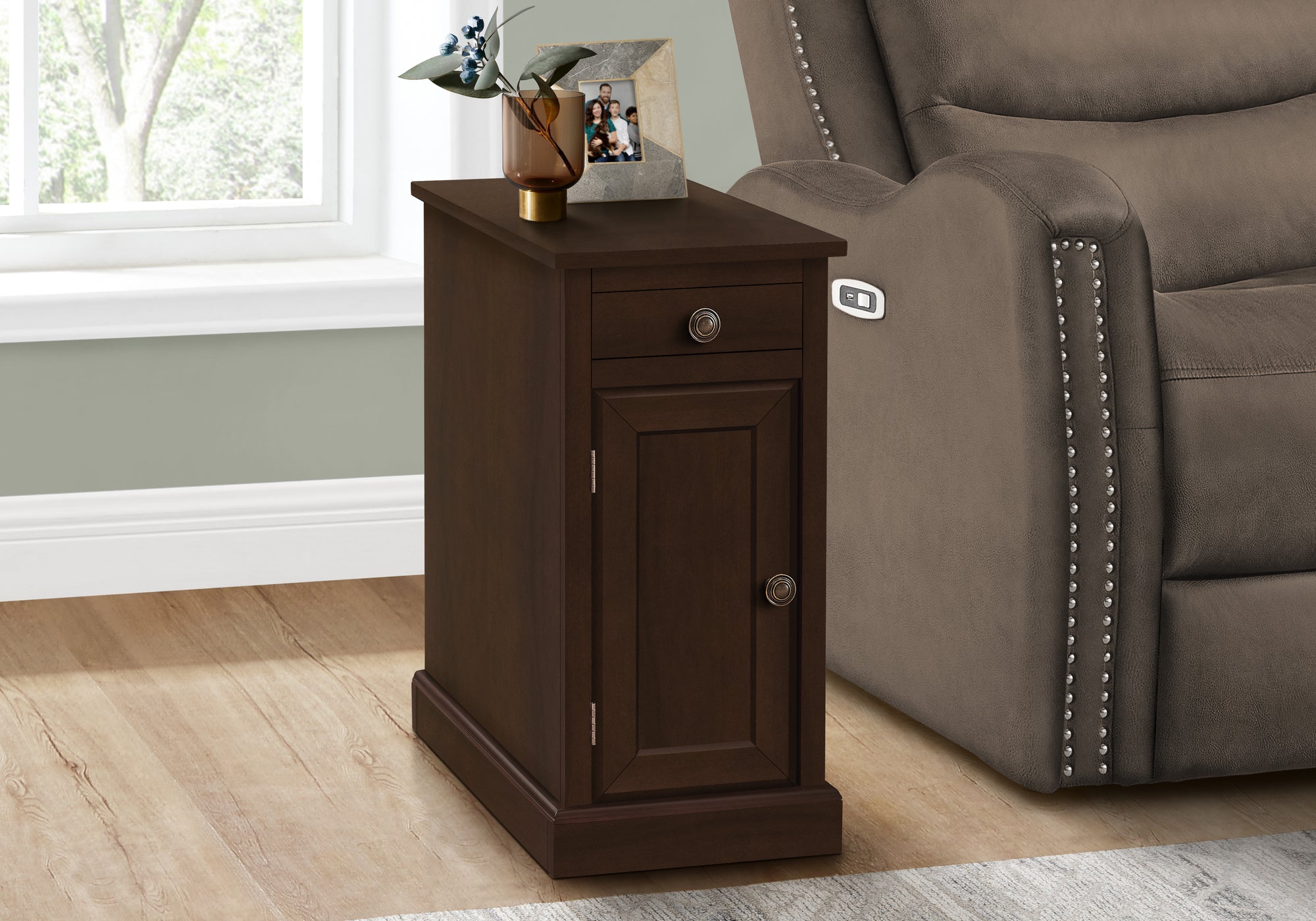 Accent Table 24"H Espresso Veneer End Table with Storage-Accent Table-DECOROLALA