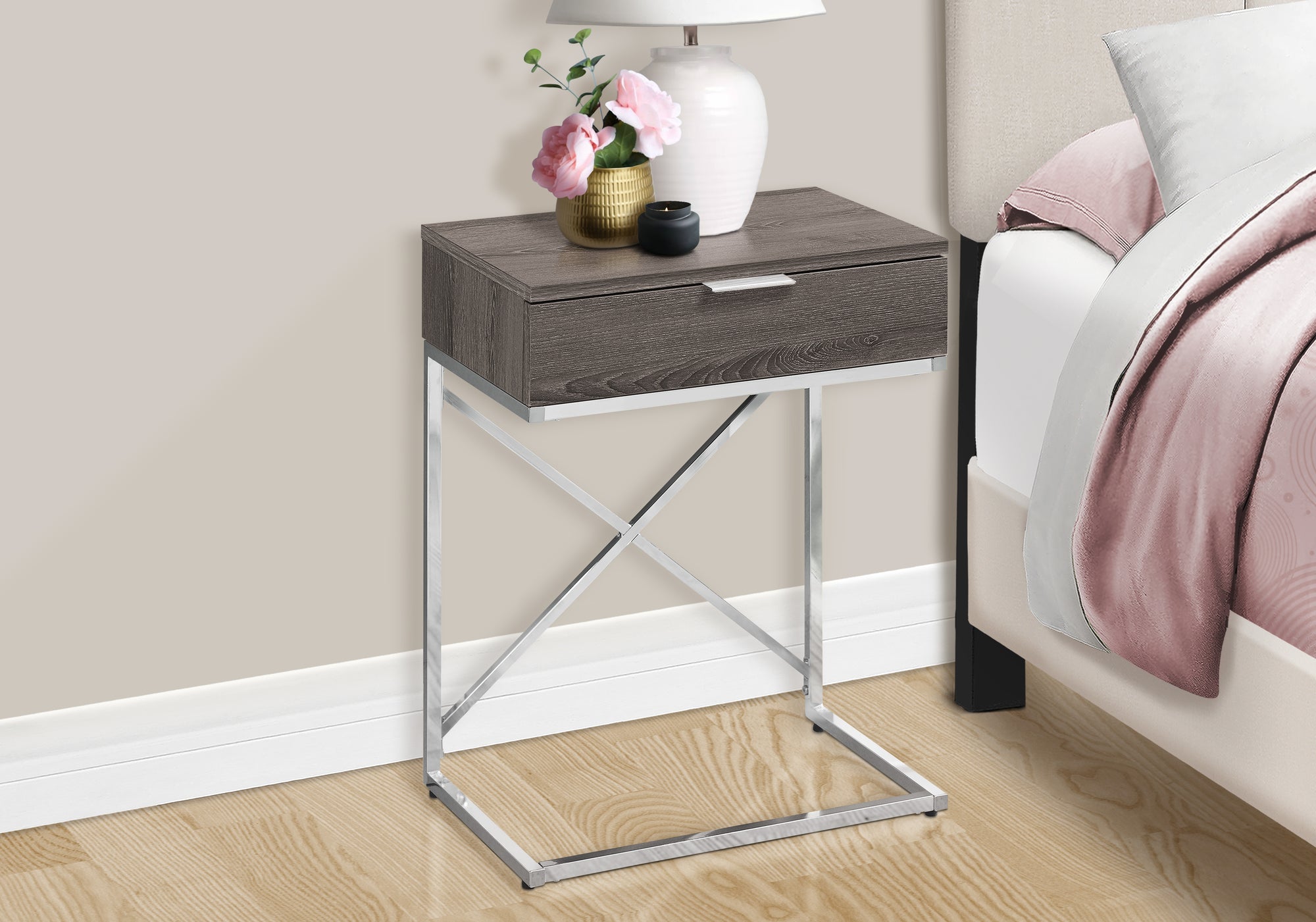 Accent Table - 24"H / Glossy White / Chrome Metal-Accent Table-DECOROLALA