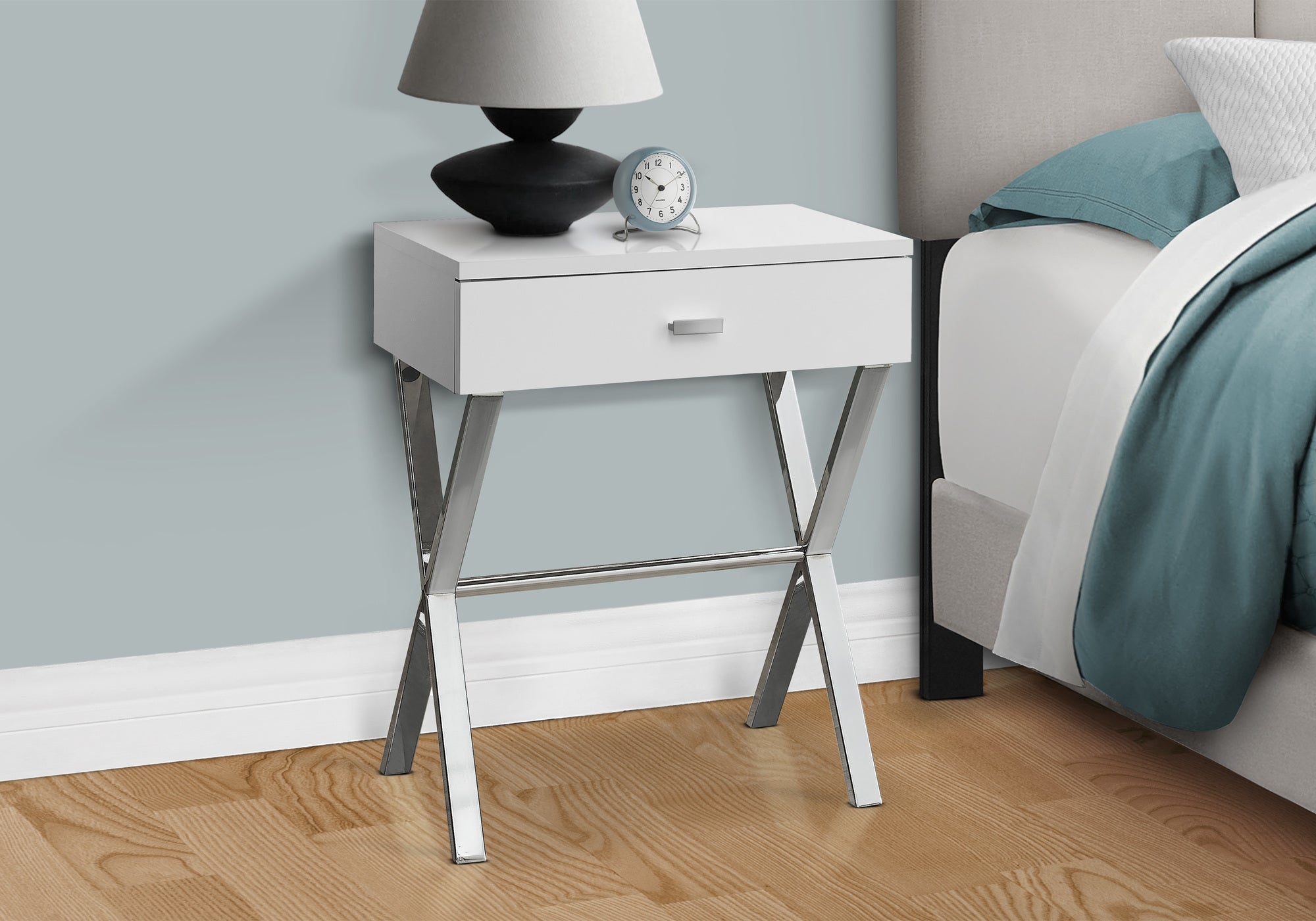 Accent Table 24"H Glossy White Chrome Metal Storage Drawer-Accent Table-DECOROLALA