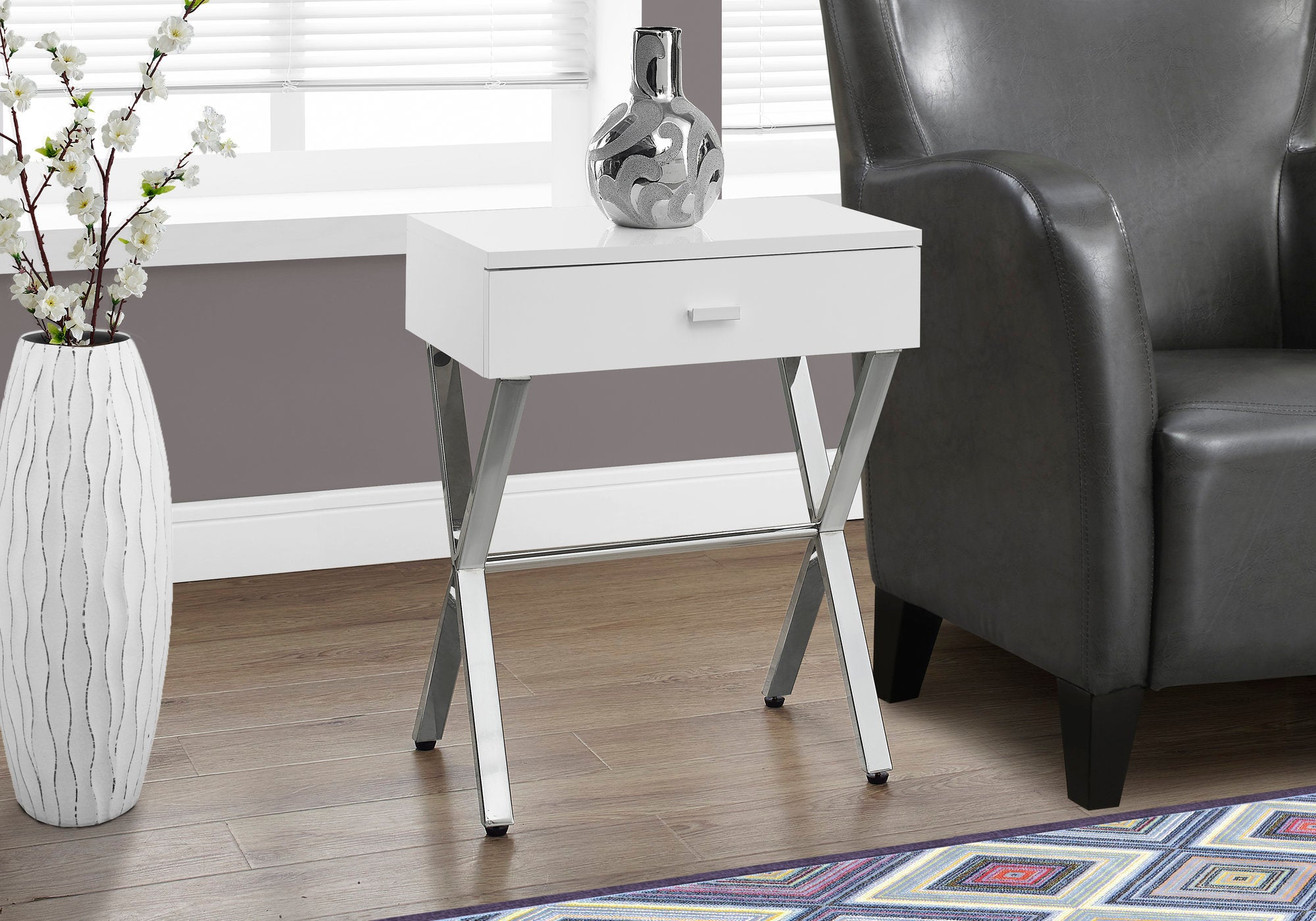 Accent Table 24"H Glossy White Chrome Metal Storage Drawer-Accent Table-DECOROLALA