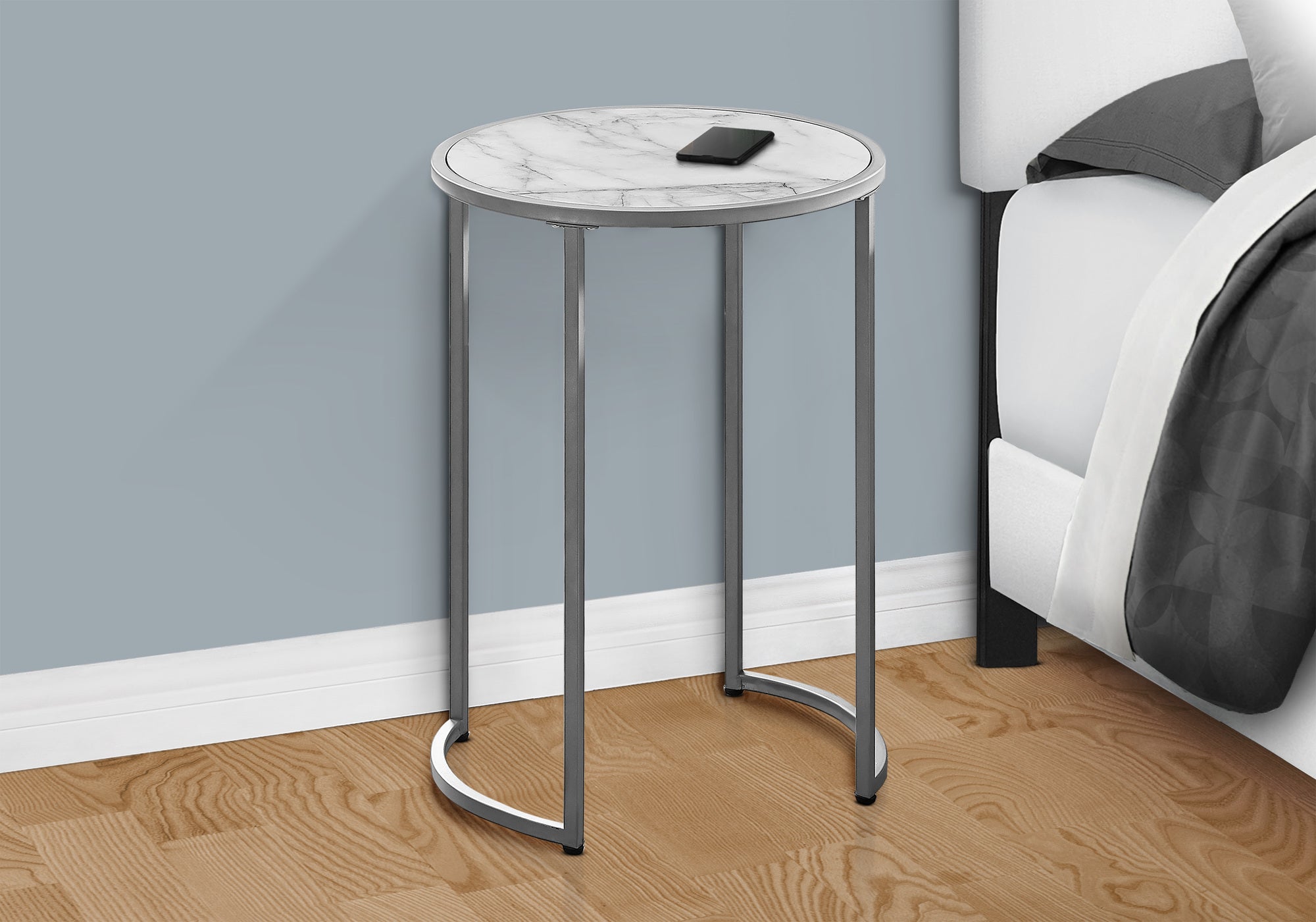 Accent Table 24H Round White Marble Silver Metal-Accent Table-DECOROLALA