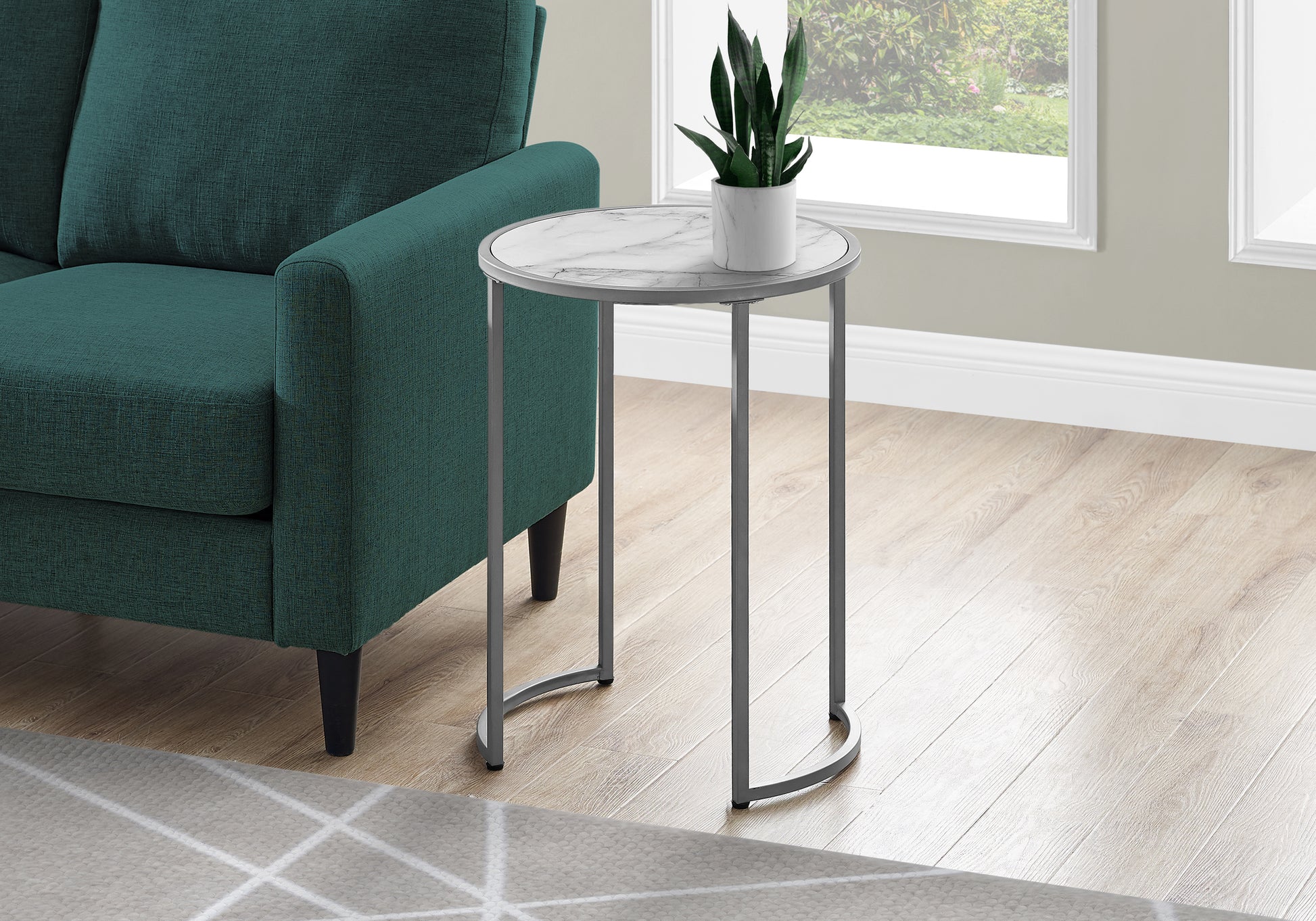Accent Table 24H Round White Marble Silver Metal-Accent Table-DECOROLALA