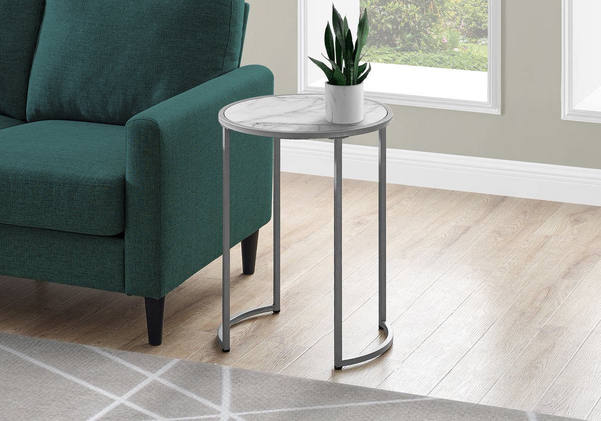 Accent Table 24H Round White Marble Silver Metal-Accent Tables-DECOROLALA