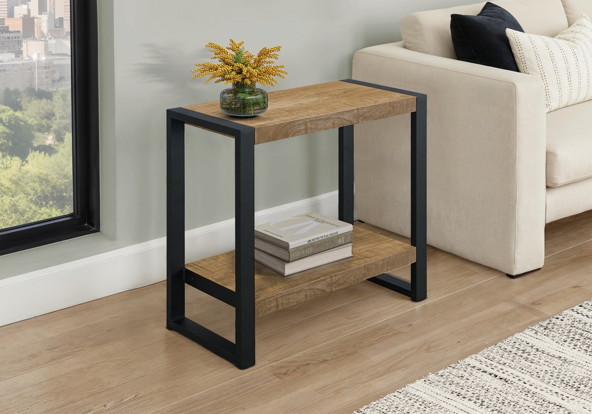 Accent Table, 24"H, Side, End, Nightstand, Lamp, Living Room, Bedroom, Mango Wood-look Laminate, Black Metal, Contemporary, Modern-DECOROLALA