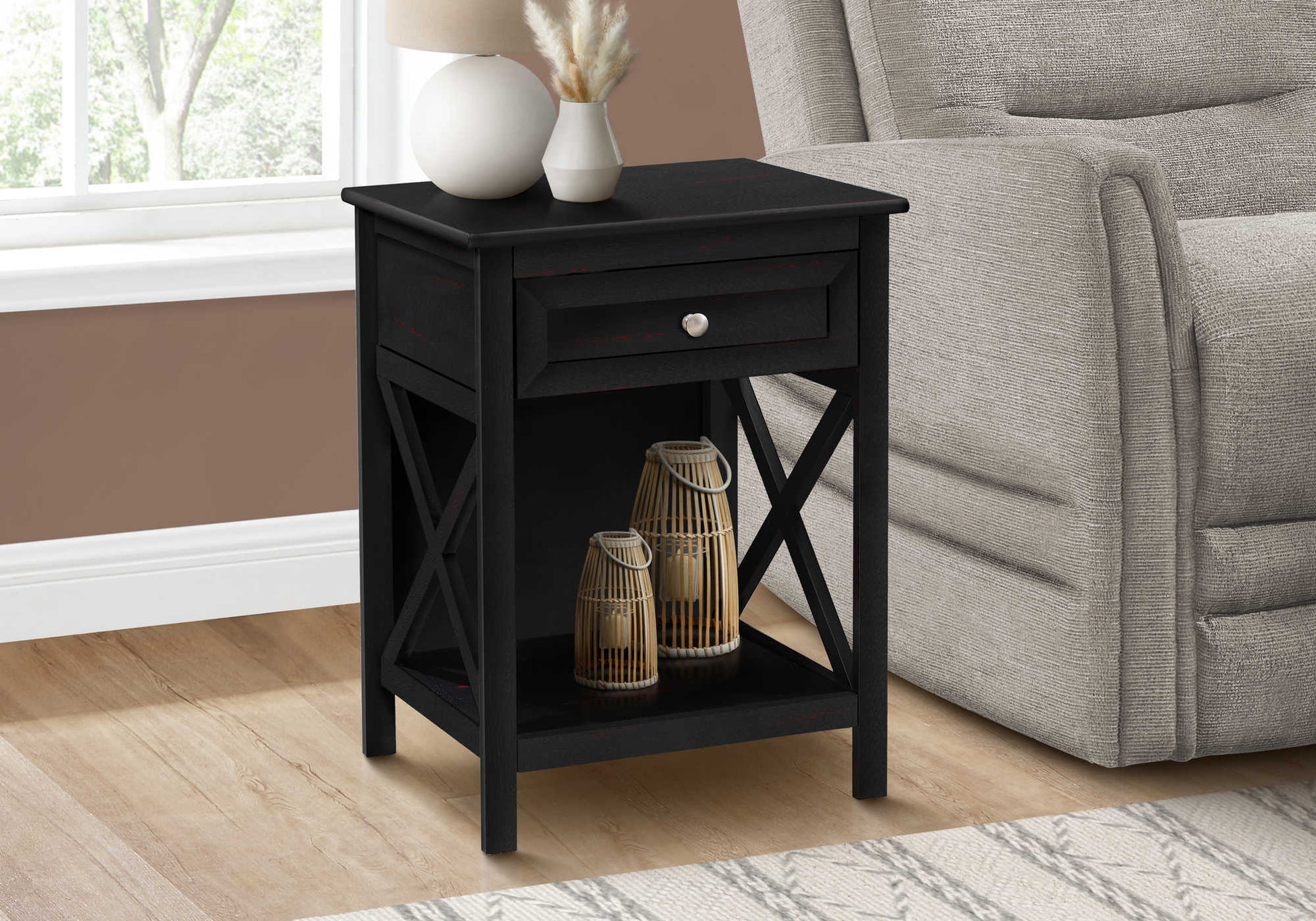 Accent Table 25"H Antique White Veneer with Drawer-Accent Table-DECOROLALA