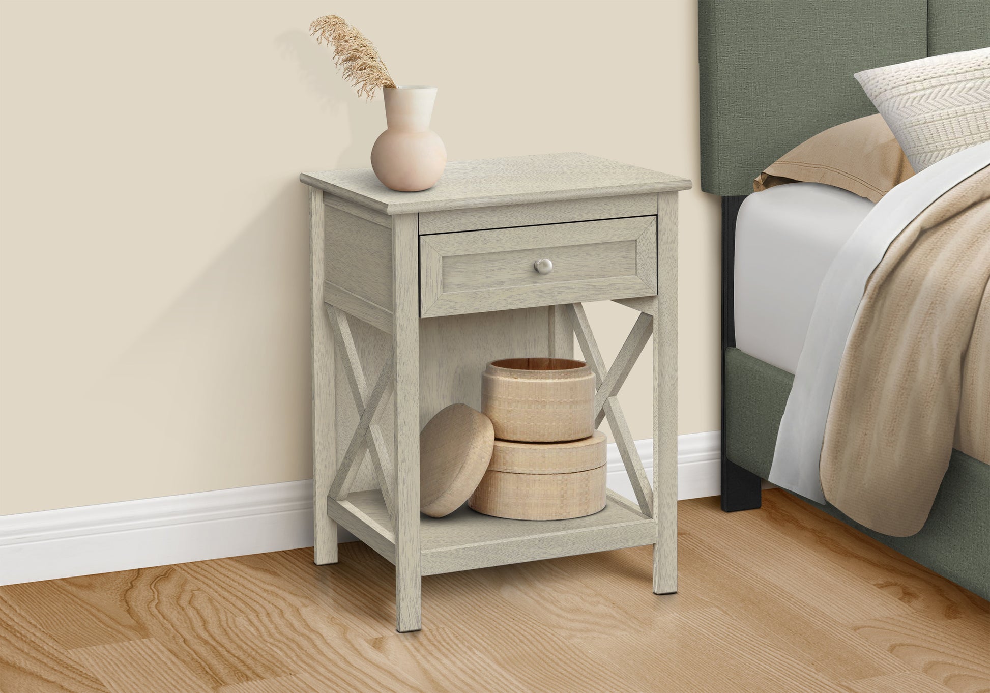 Accent Table 25"H Antique White Veneer with Drawer-Accent Table-DECOROLALA