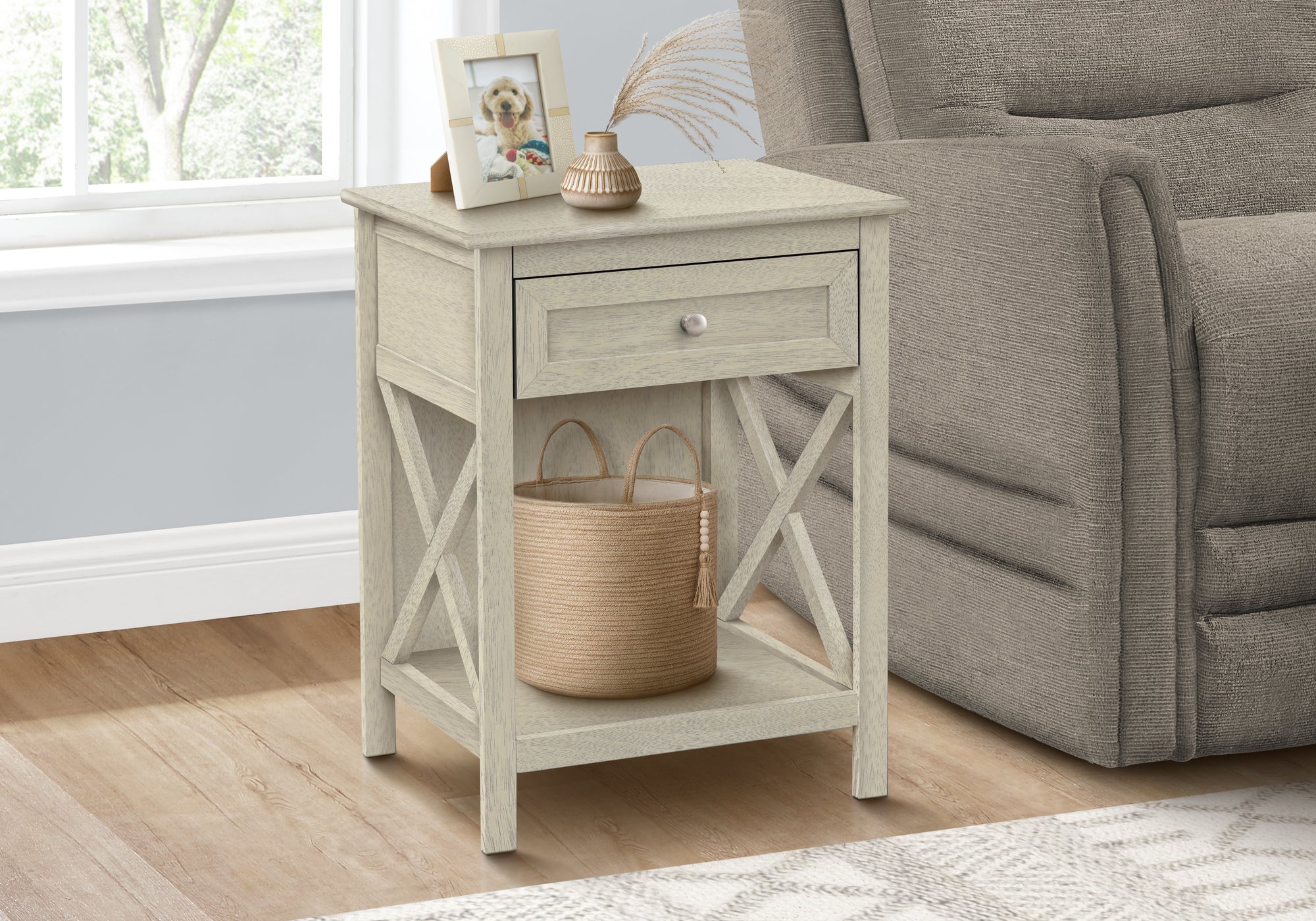 Accent Table 25"H Antique White Veneer with Drawer-Accent Table-DECOROLALA