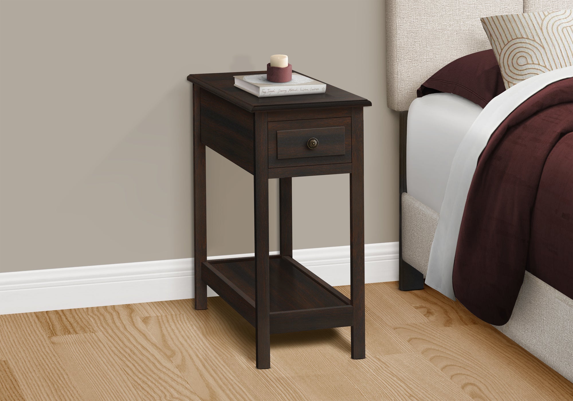 Accent Table 25"H Dark Walnut Veneer with Storage Drawer-Accent Table-DECOROLALA