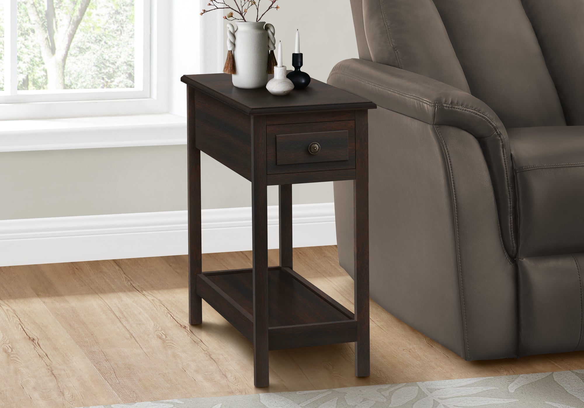 Accent Table 25"H Dark Walnut Veneer with Storage Drawer-Accent Table-DECOROLALA