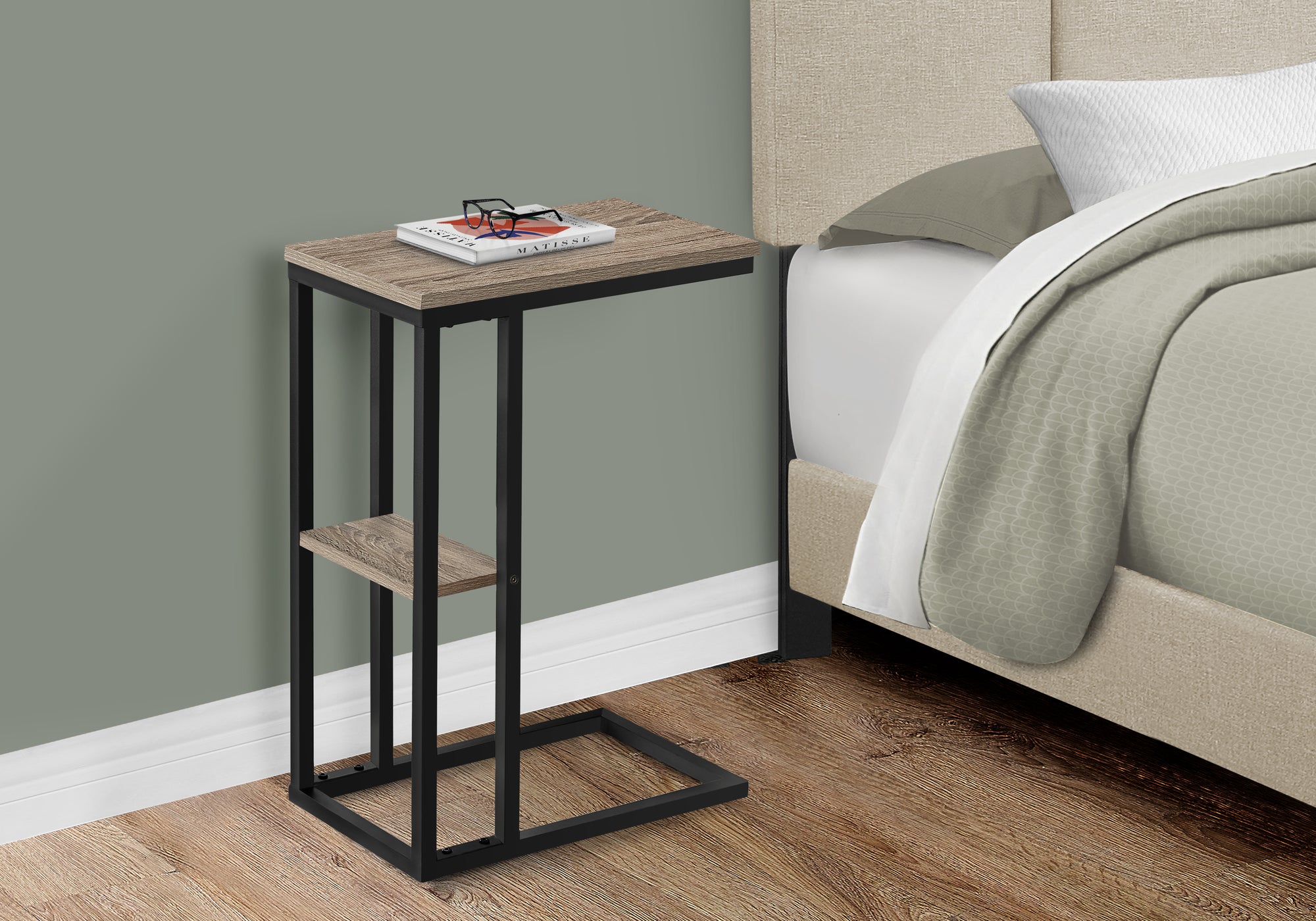 Accent Table 25"H Espresso C-Shaped With Shelf-Accent Table-DECOROLALA