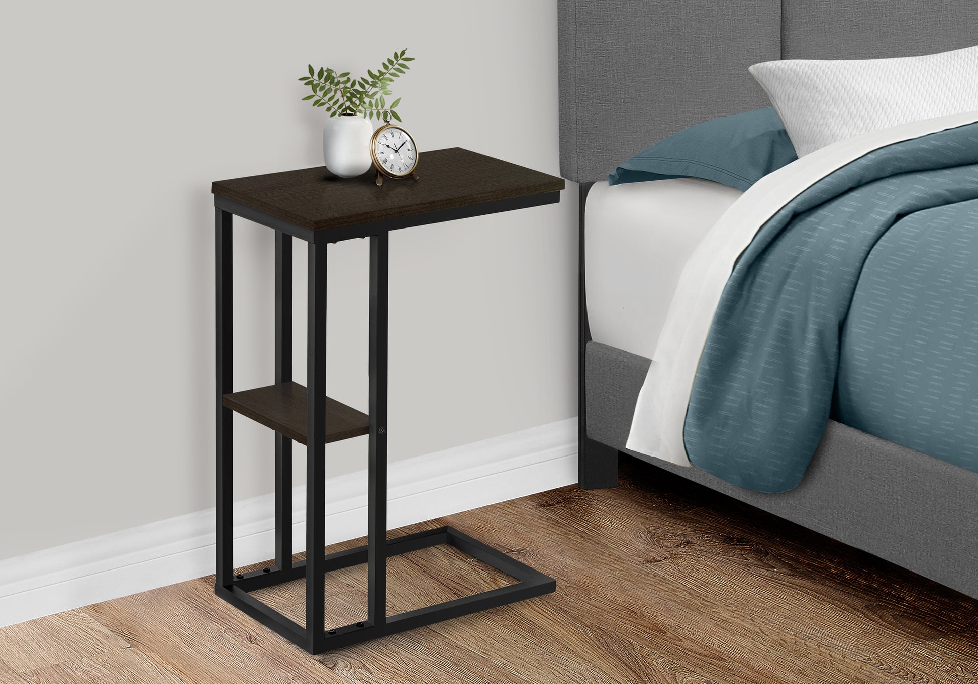 Accent Table 25"H Espresso C-Shaped With Shelf-Accent Table-DECOROLALA