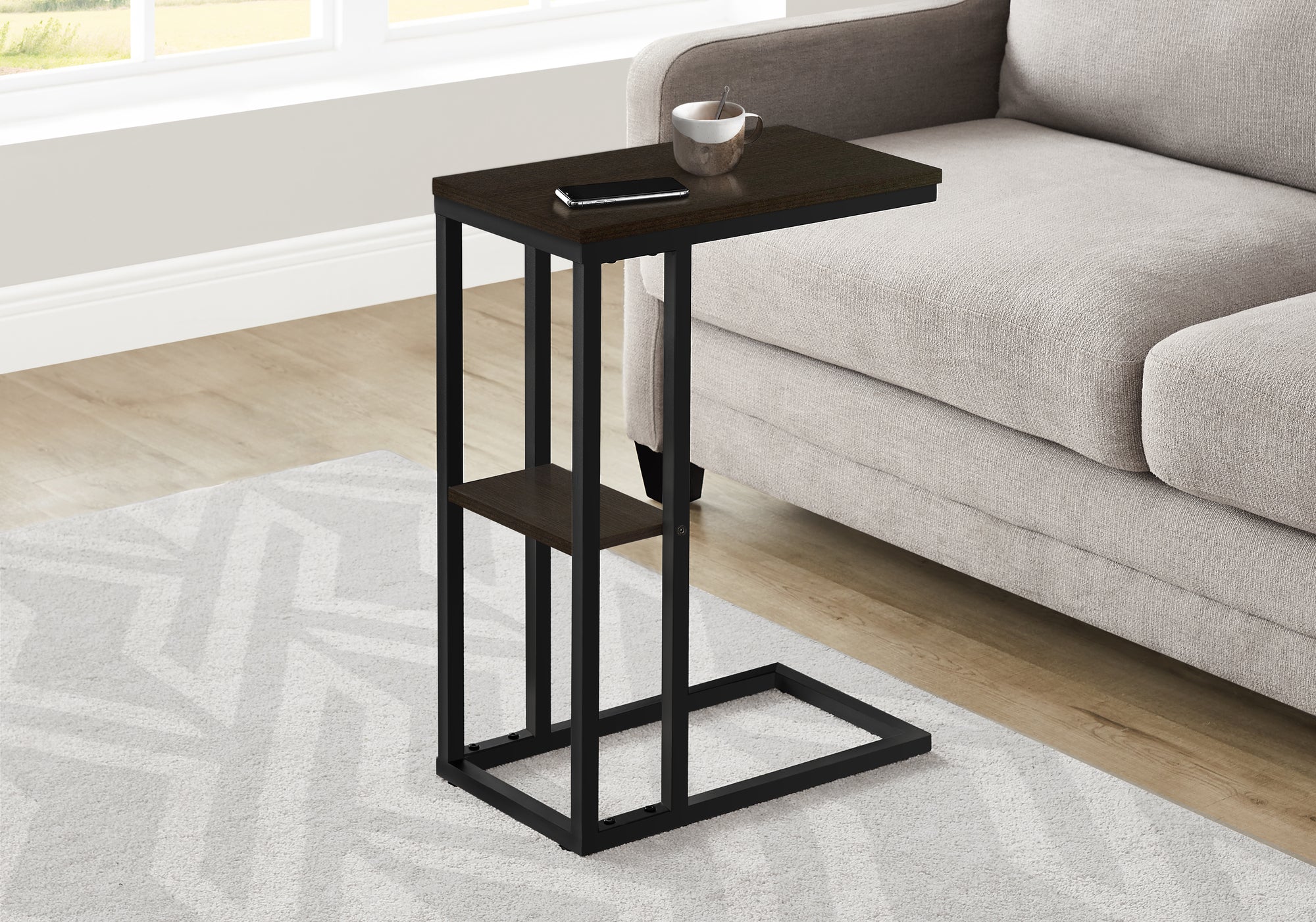 Accent Table 25"H Espresso C-Shaped With Shelf-Accent Table-DECOROLALA