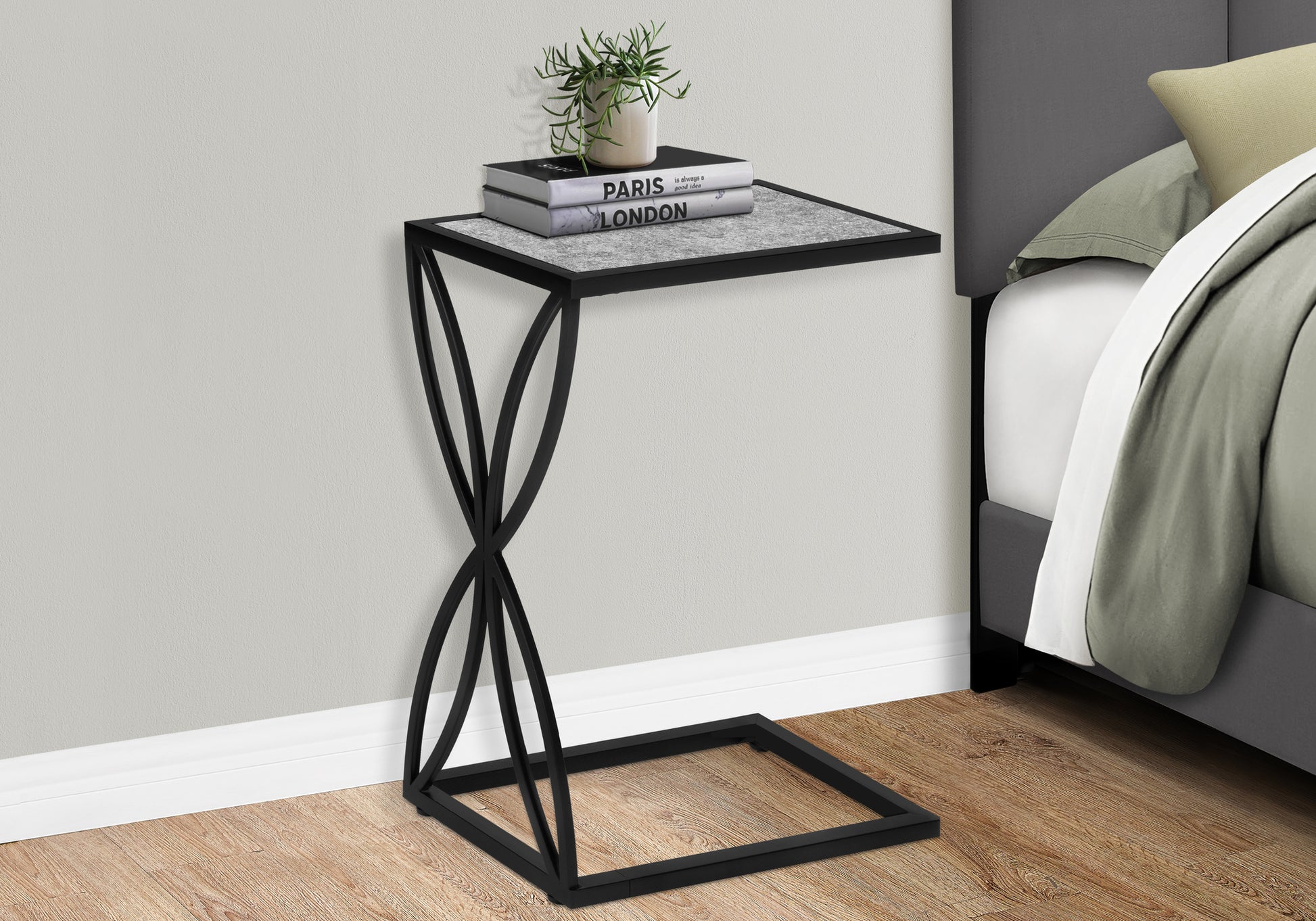 Accent Table 25"H Grey Stone-Look C-Shape Black Metal-Accent Table-DECOROLALA
