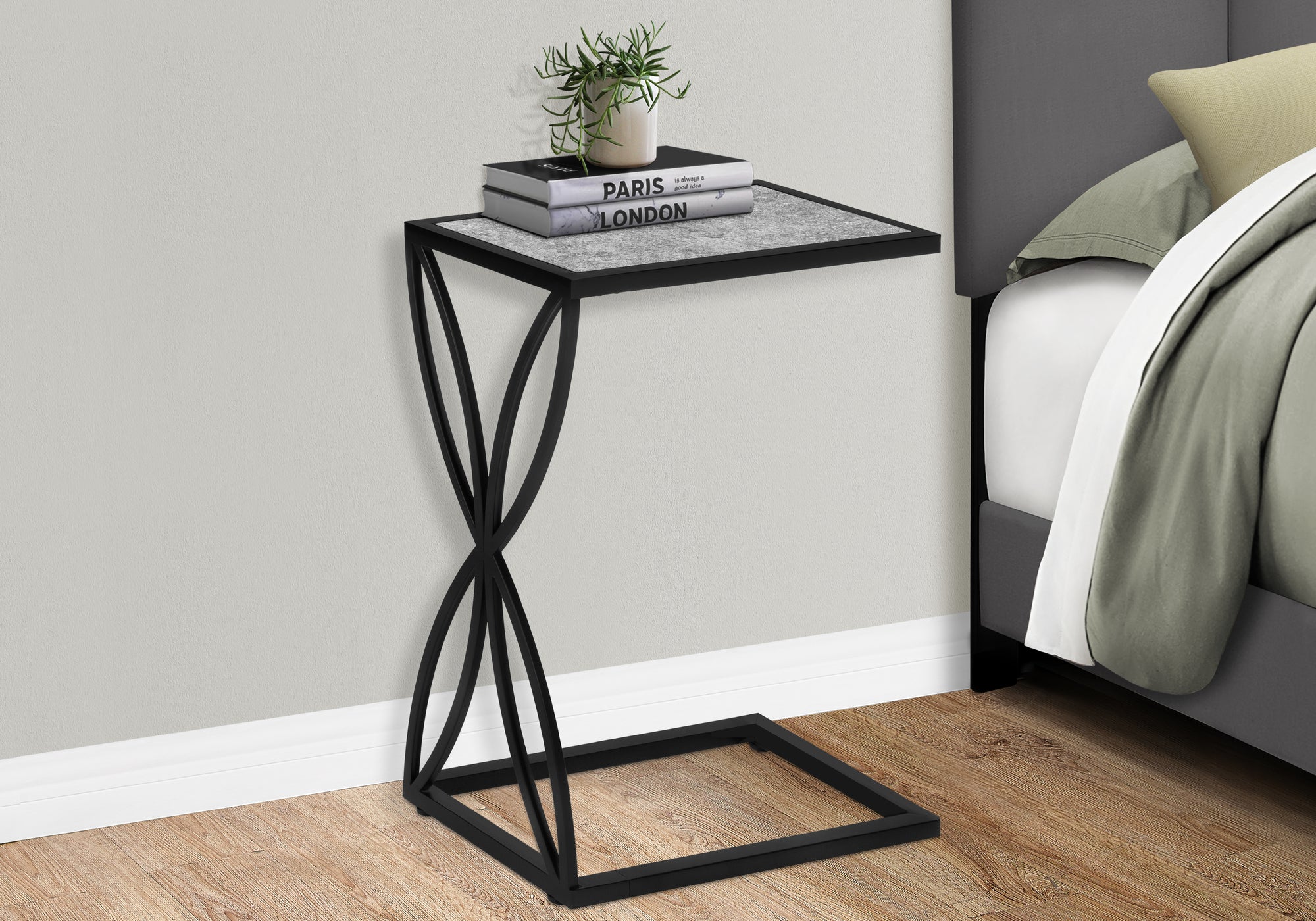 Accent Table 25"H Grey Stone-Look C-Shape Black Metal-Accent Table-DECOROLALA