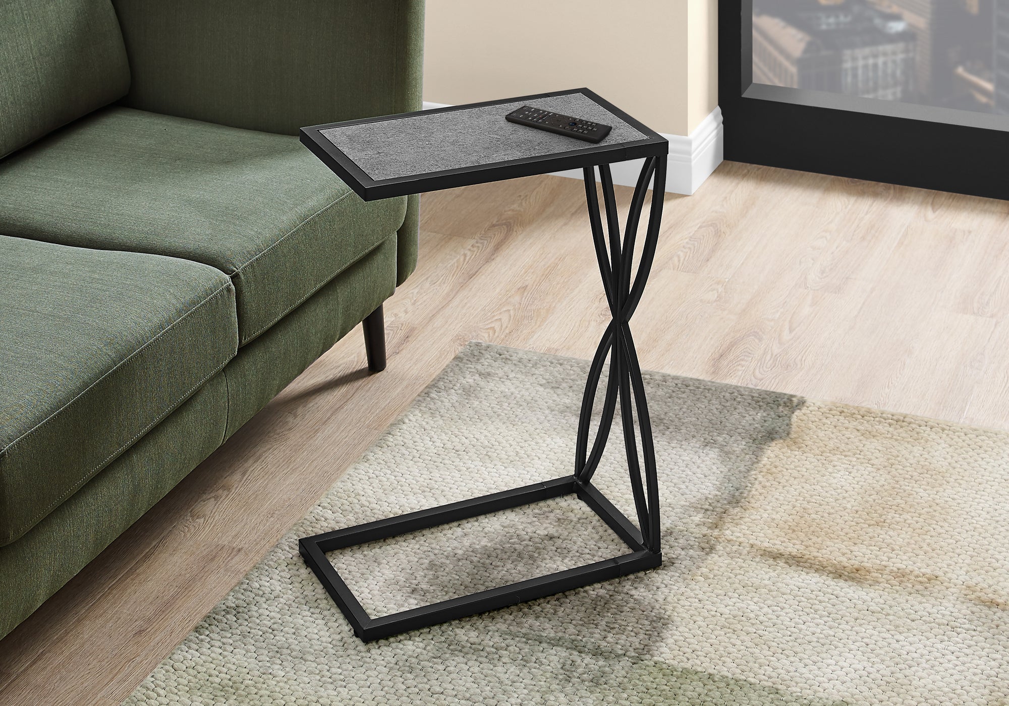 Accent Table 25"H Grey Stone-Look C-Shape Black Metal-Accent Table-DECOROLALA