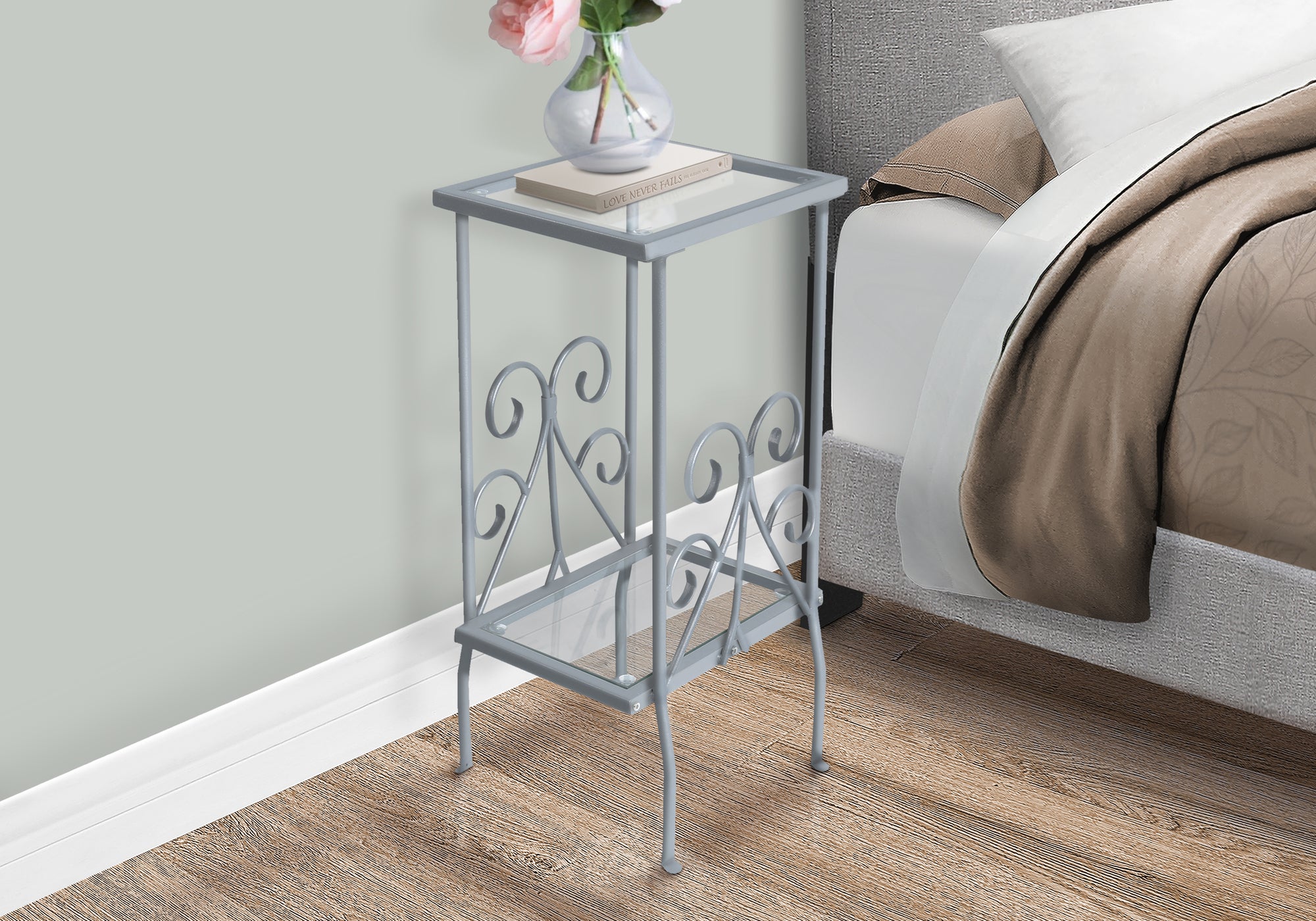 Accent Table 30"H Silver Metal Tempered Glass 2-Tier-Accent Table-DECOROLALA