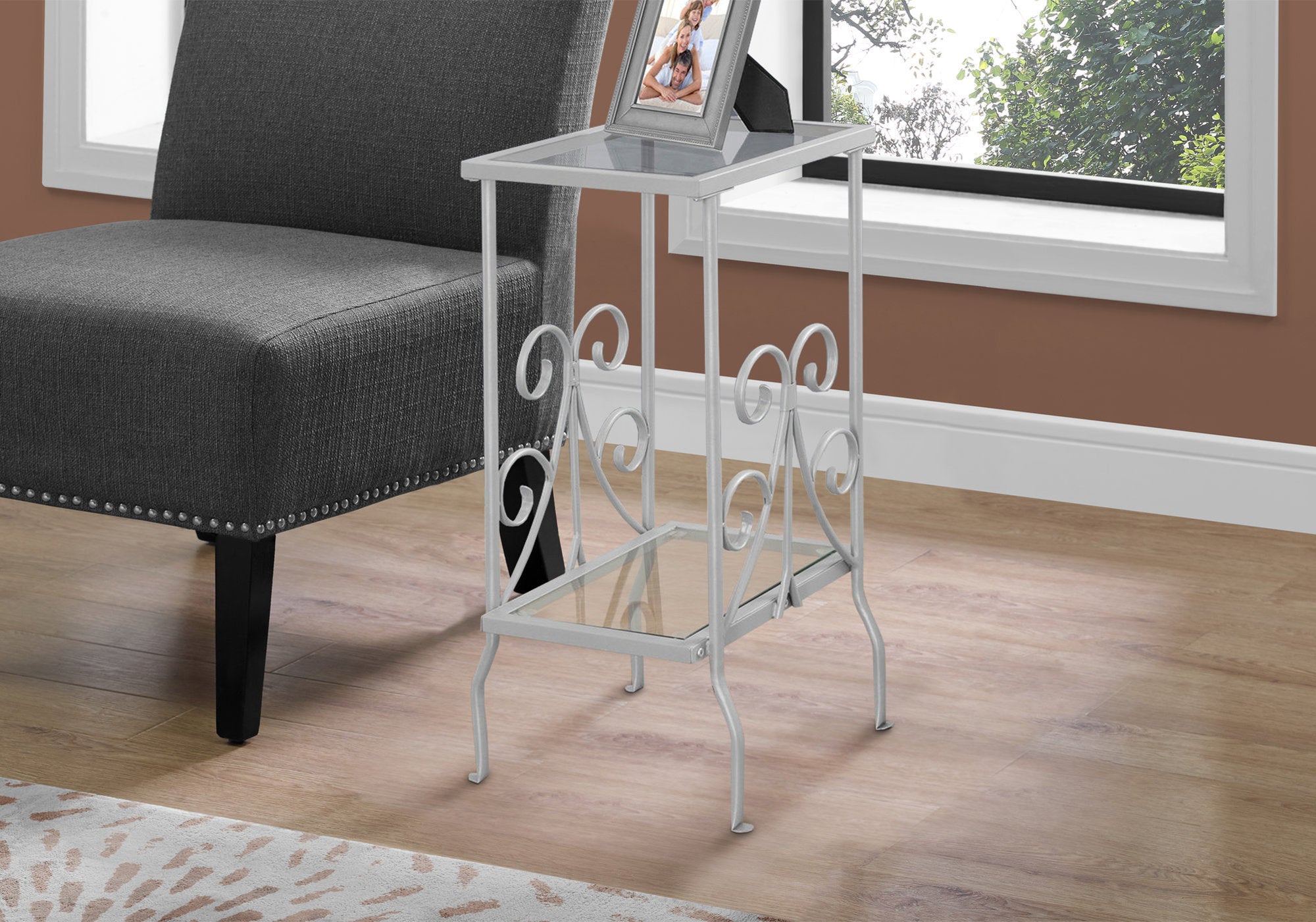 Accent Table 30"H Silver Metal Tempered Glass 2-Tier-Accent Table-DECOROLALA