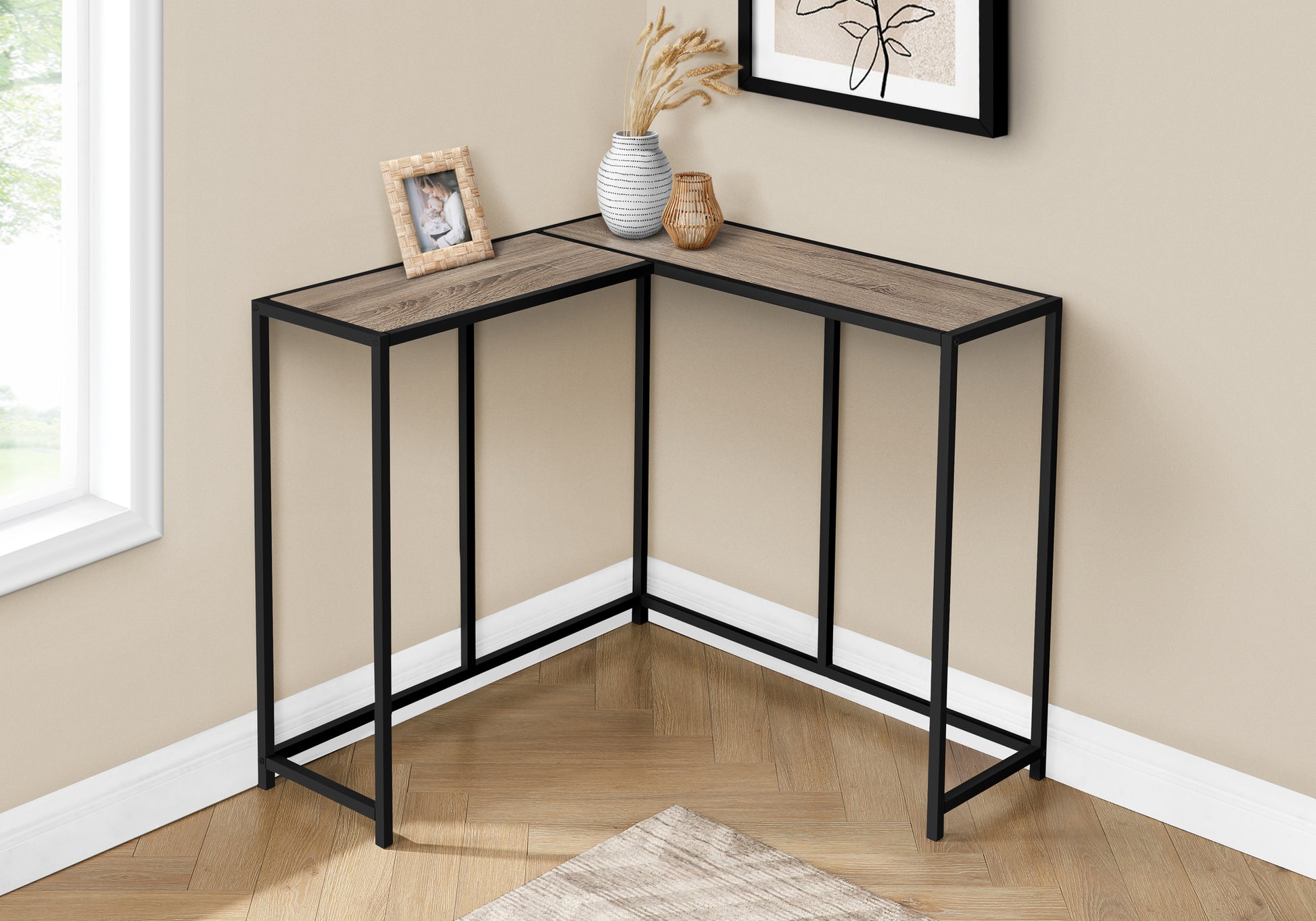 Accent Table - 36"L / Dark Taupe / Black Corner Console-Accent Table-DECOROLALA