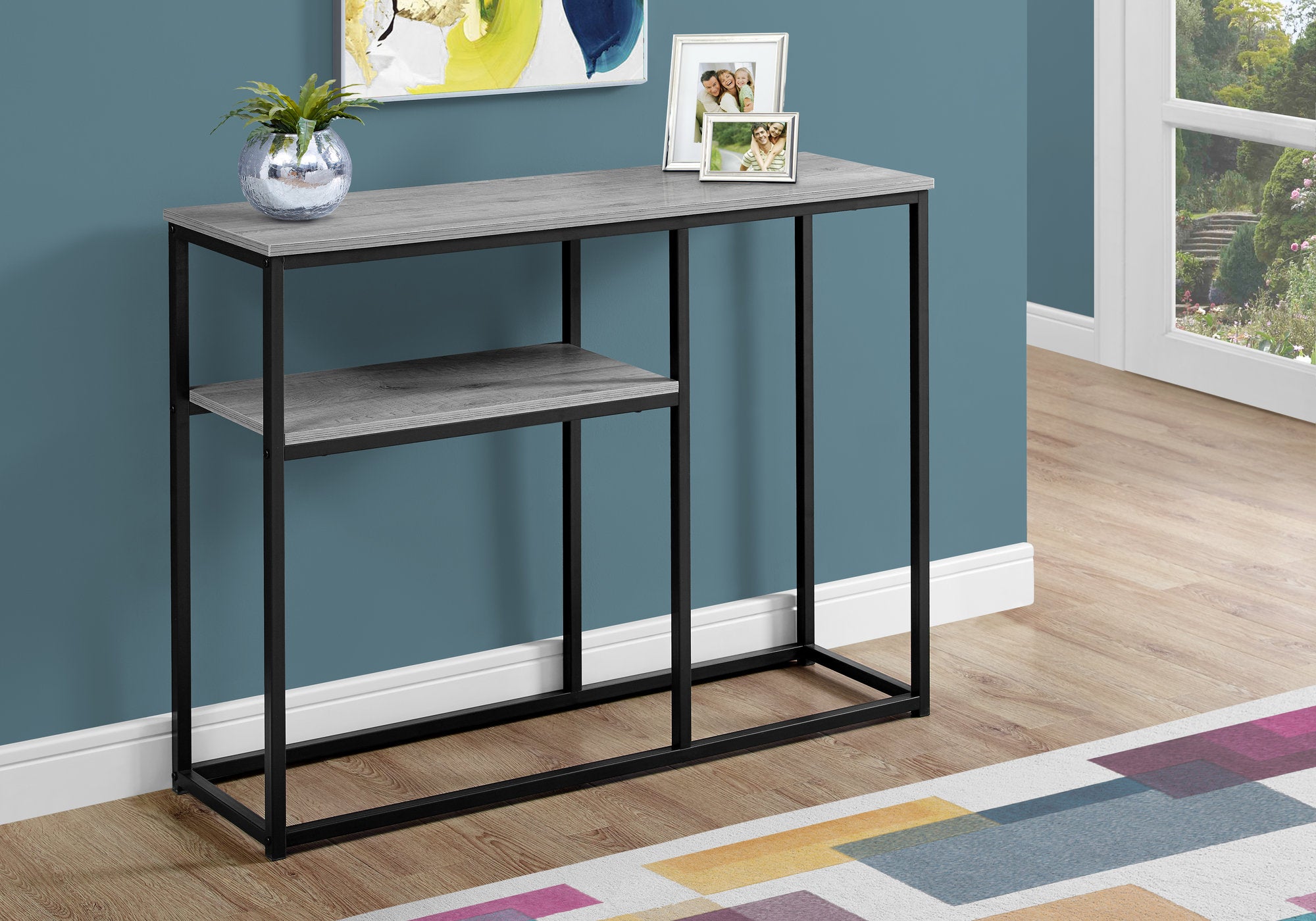 Accent Table 42"L Grey Wood Grain Black Metal Console-Accent Table-DECOROLALA