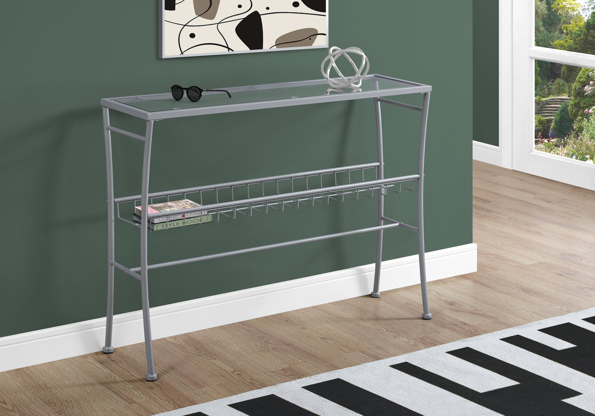 Accent Table 42"L Silver Tempered Glass Console-Accent Table-DECOROLALA