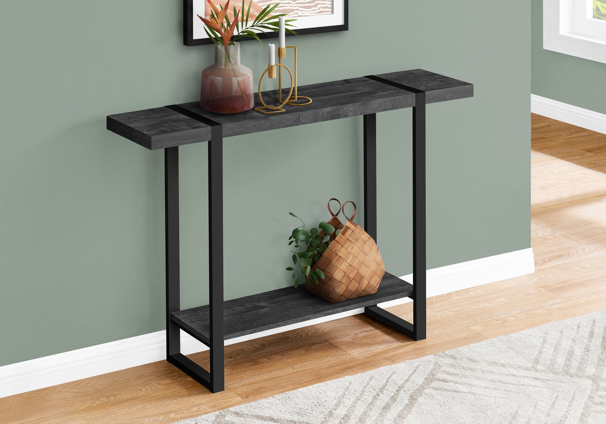 Accent Table 48"L Brown Reclaimed Wood Black Metal-Accent Table-DECOROLALA