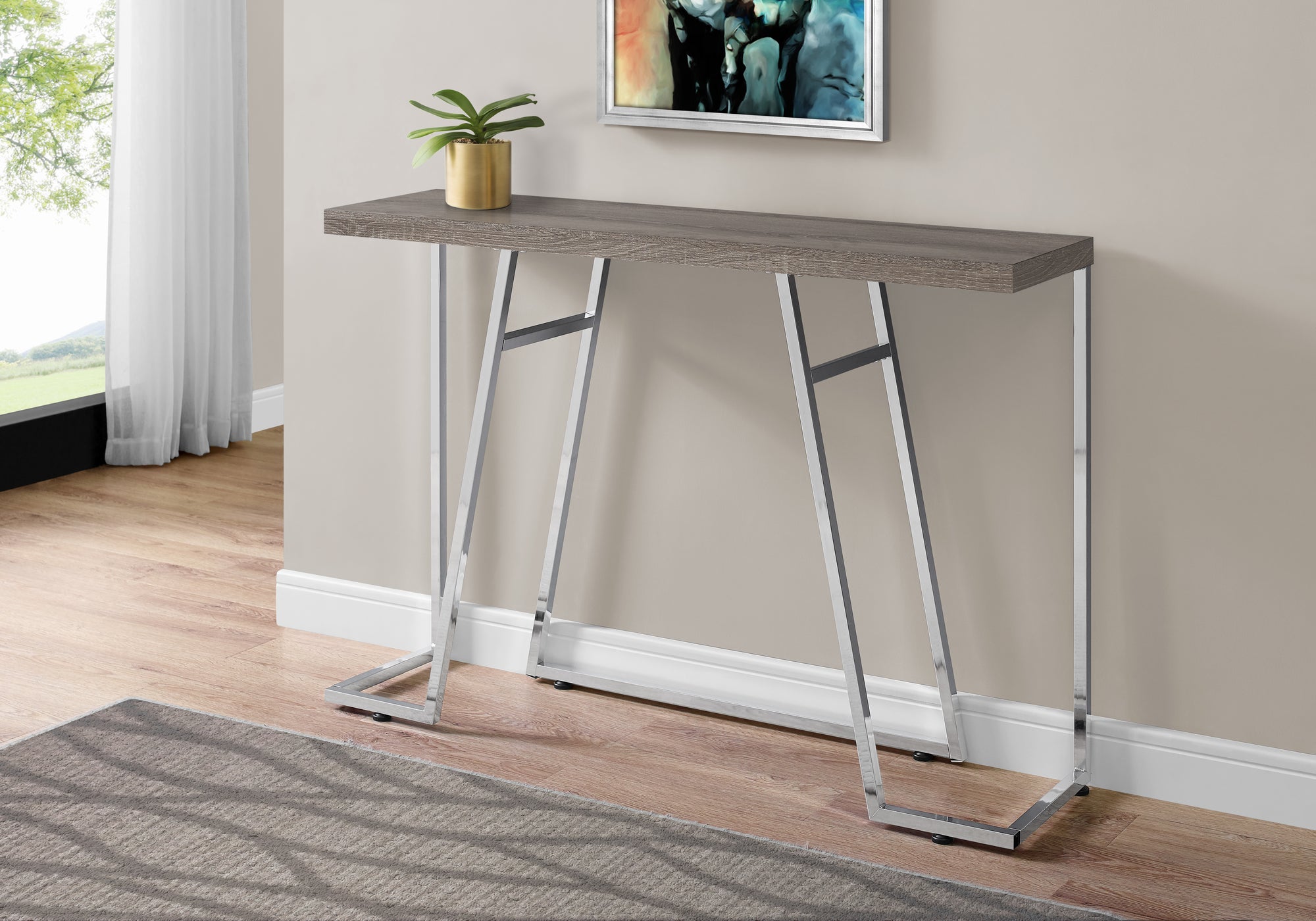 Accent Table 48"L Dark Taupe Chrome Legs-Accent Table-DECOROLALA