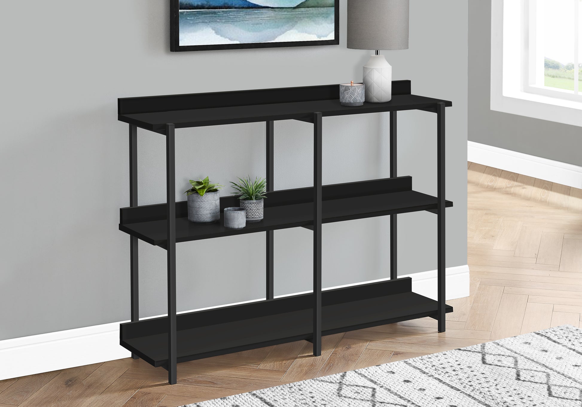 Accent Table - 48"L / Espresso / Black Metal Hall Console-Accent Table-DECOROLALA