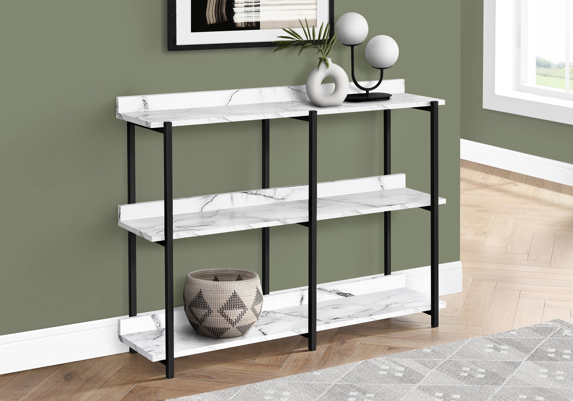 Accent Table - 48"L / Espresso / Black Metal Hall Console-Accent Table-DECOROLALA