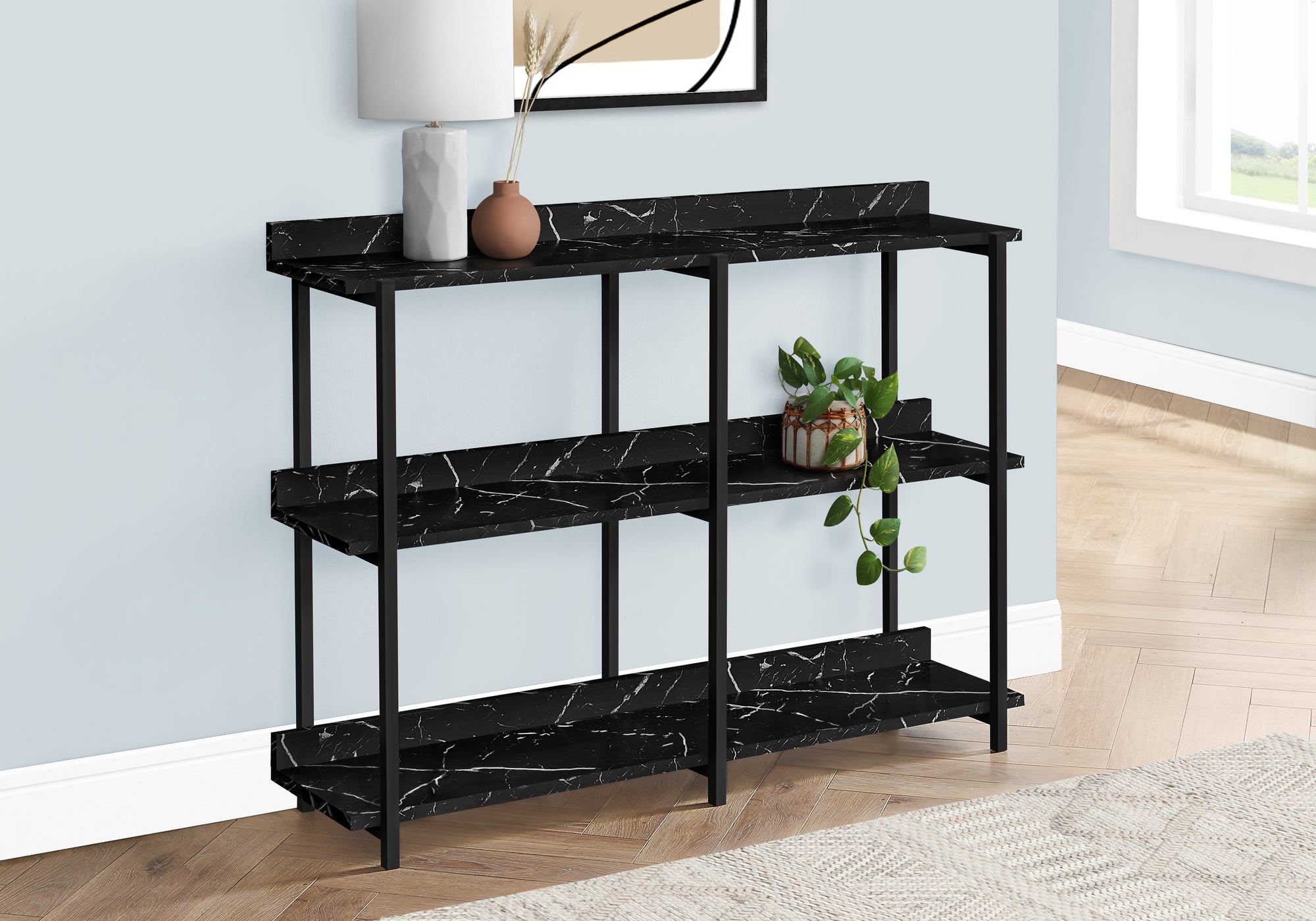 Accent Table - 48"L / Espresso / Black Metal Hall Console-Accent Table-DECOROLALA