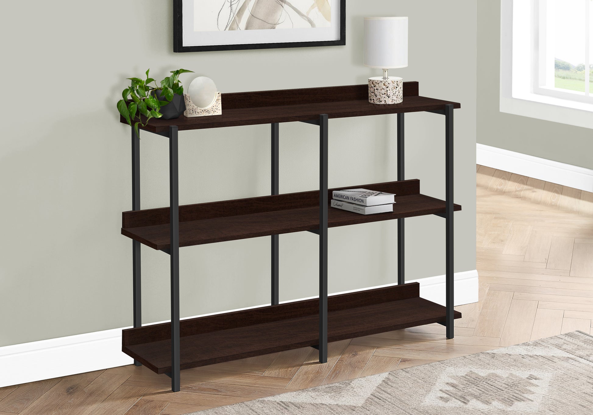 Accent Table - 48"L / Espresso / Black Metal Hall Console-Accent Table-DECOROLALA