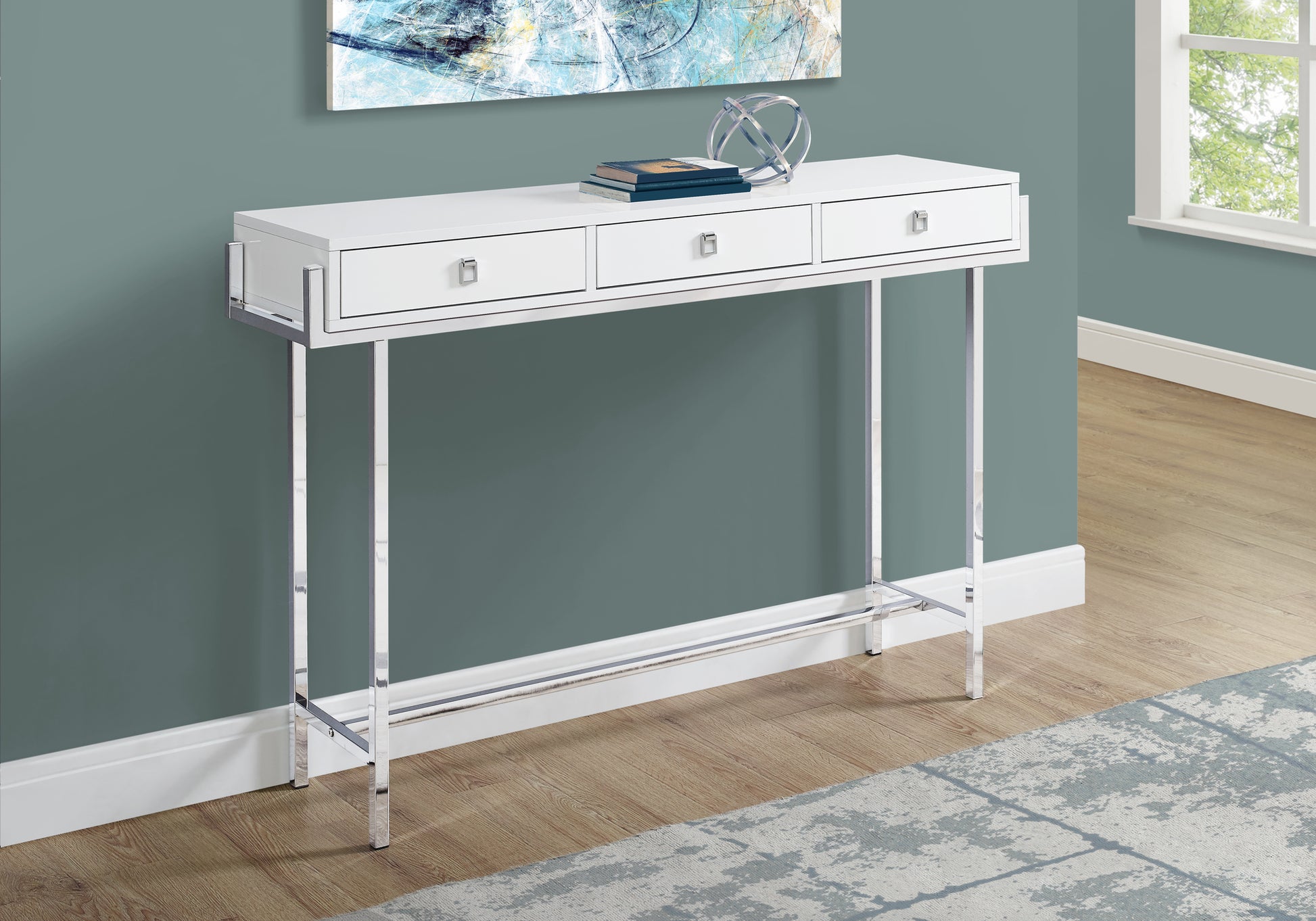 Accent Table 48"L Glossy White Chrome with Drawers-Accent Table-DECOROLALA