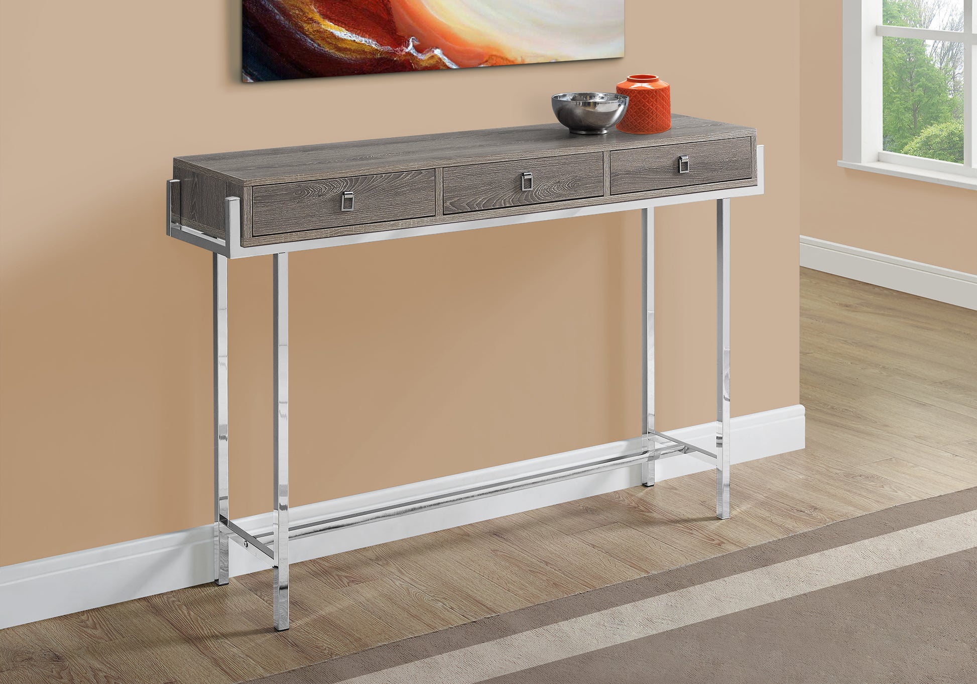 Accent Table 48"L Glossy White Chrome with Drawers-Accent Table-DECOROLALA